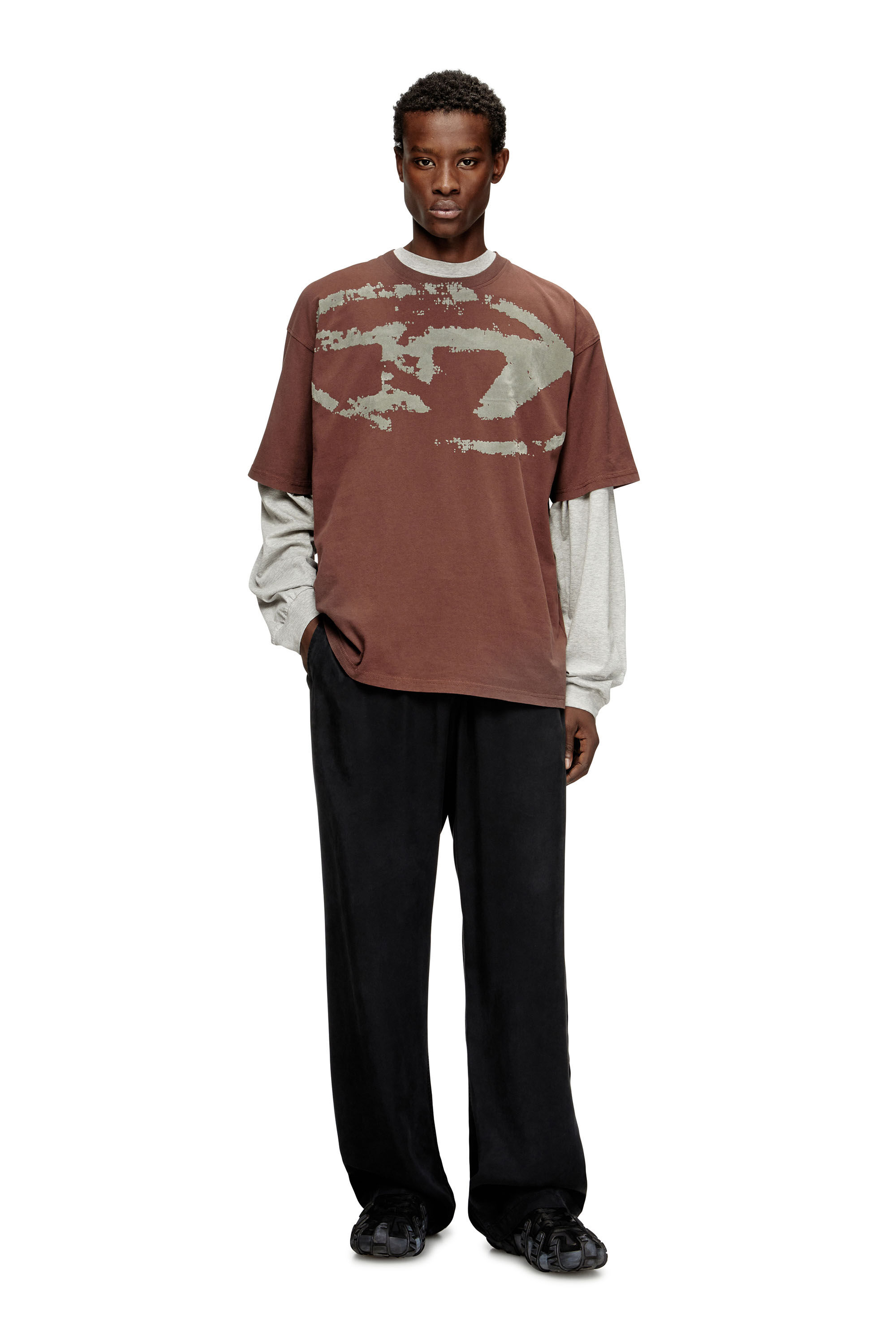 Men's T-shirt with distressed flocked logo | Brown | Diesel