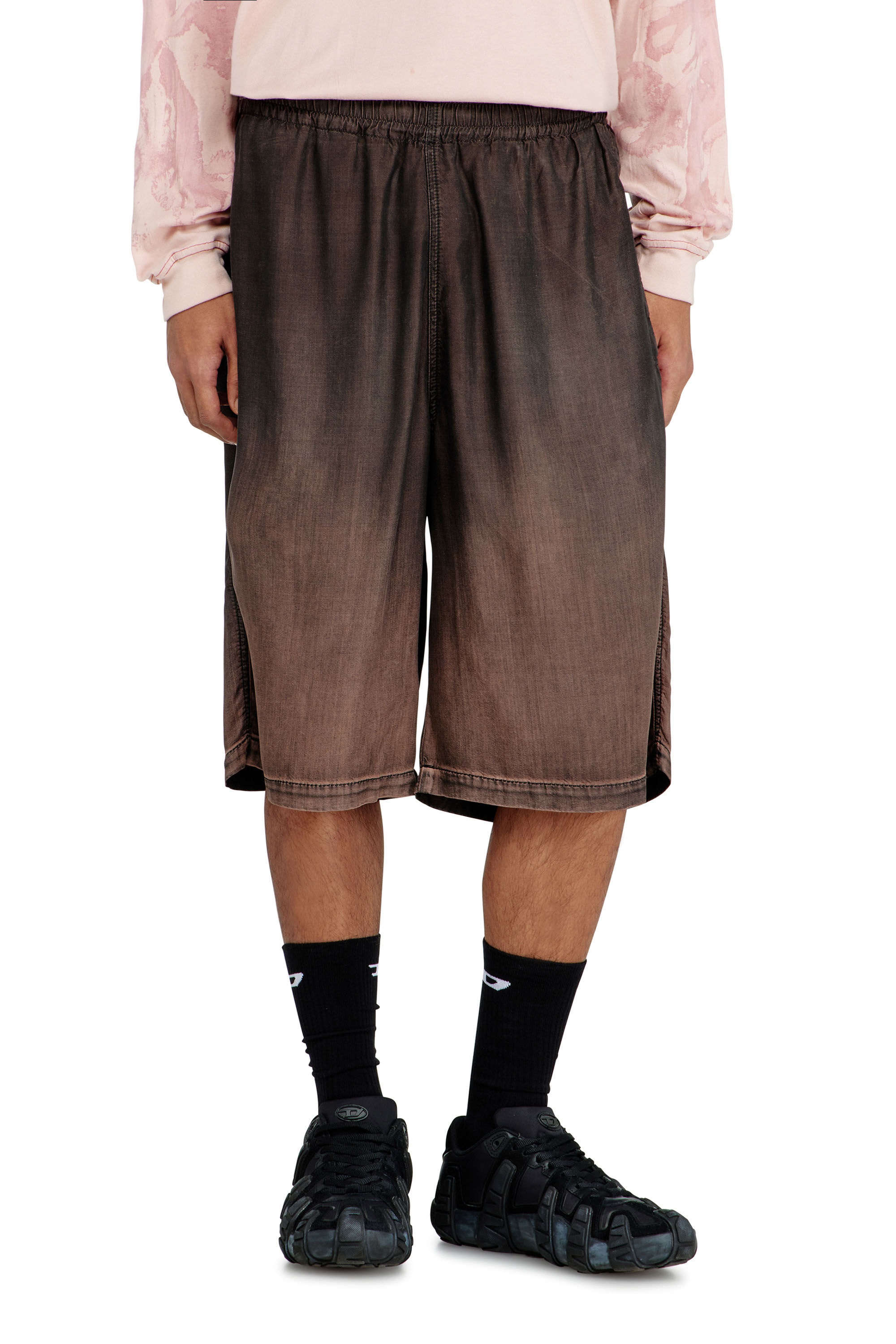 Diesel - D-RODER-SHORT-S, Unisex's Relaxed bermuda shorts in fluid coated denim in Dark Brown - 3