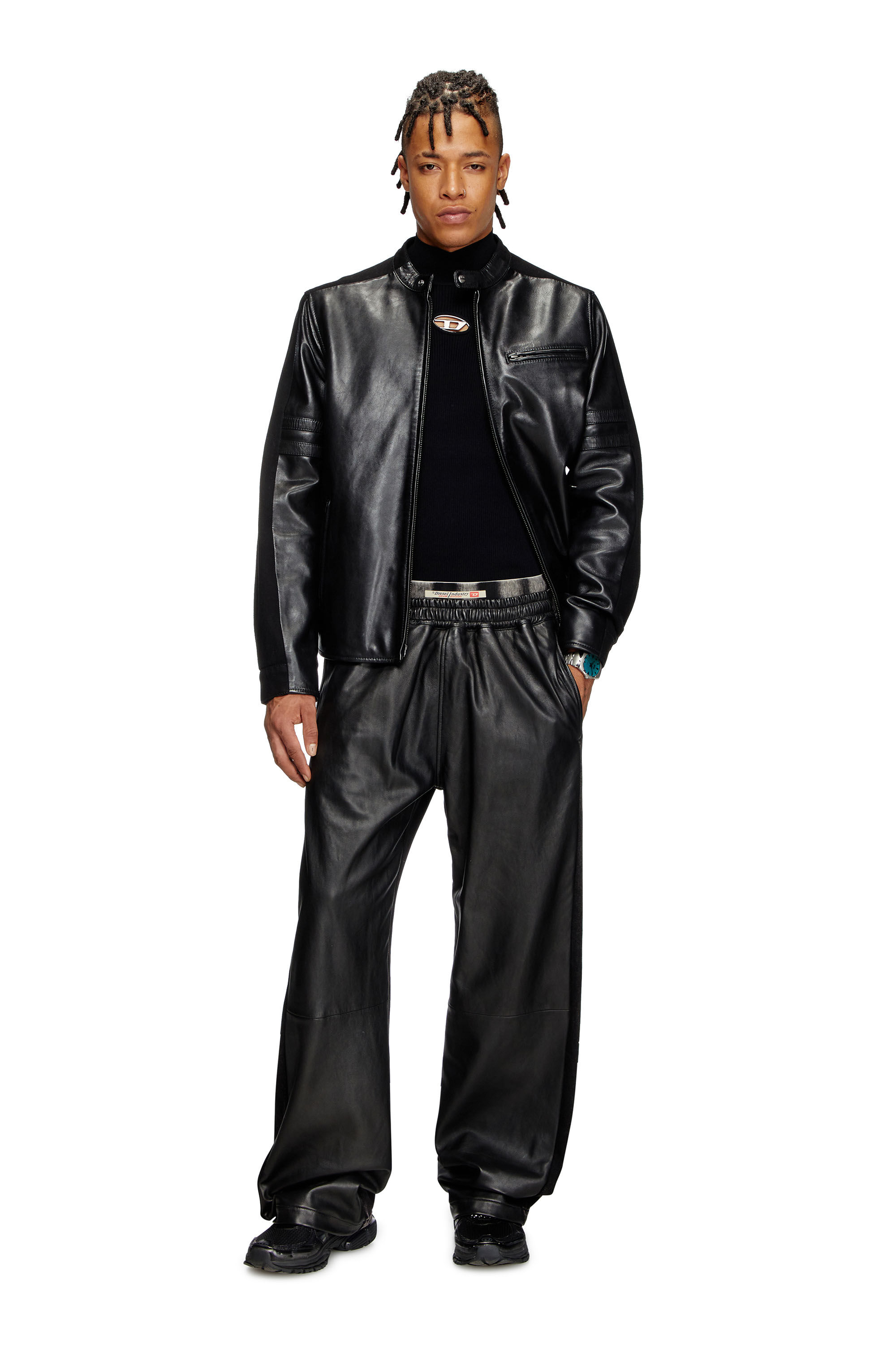 Men's Hybrid denim and leather jacket | Black | Diesel Men's Hybrid denim and leather jacket | Black | Diesel