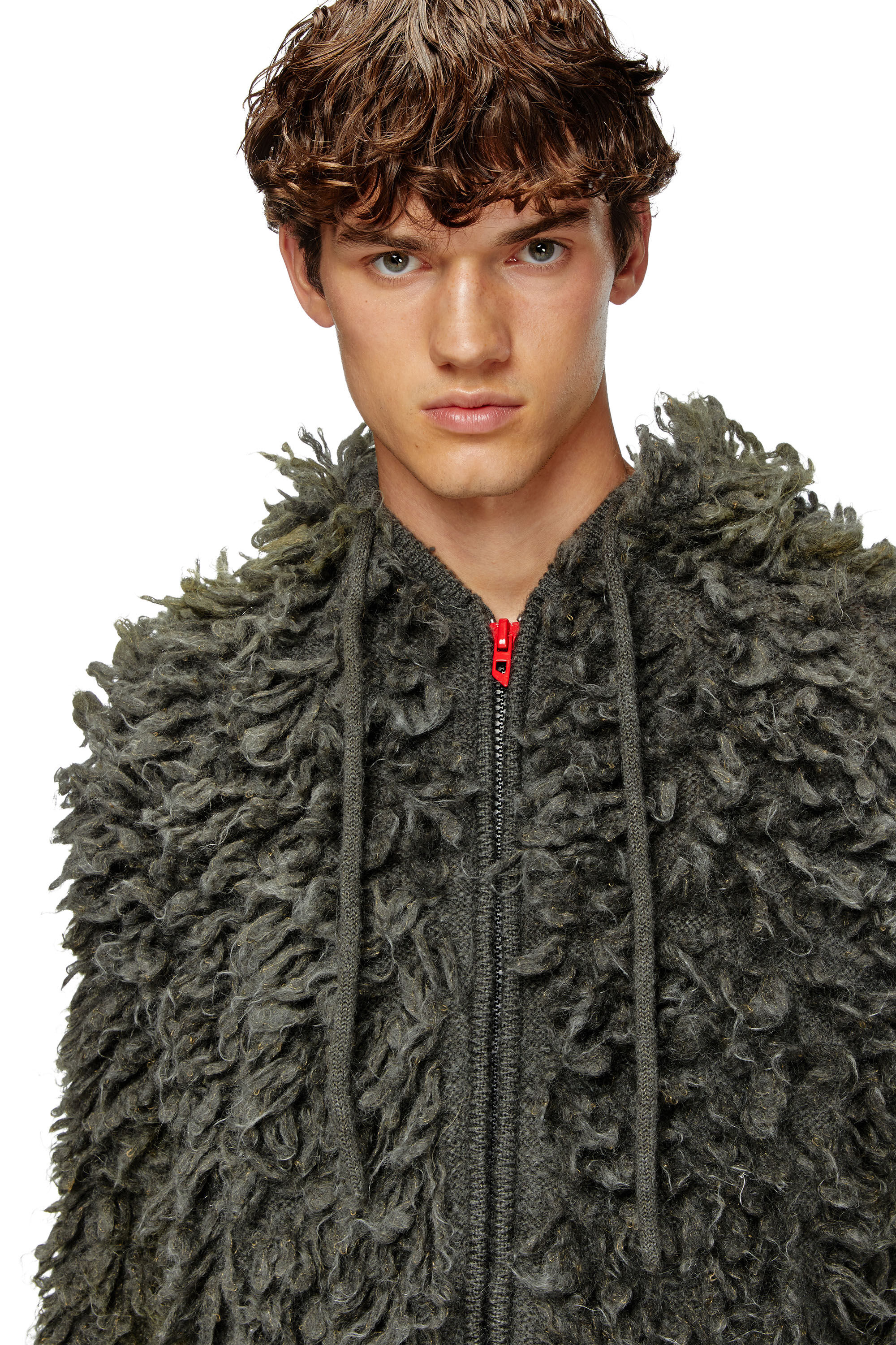 Men s Hooded cardigan in shaggy knit Grey Diesel