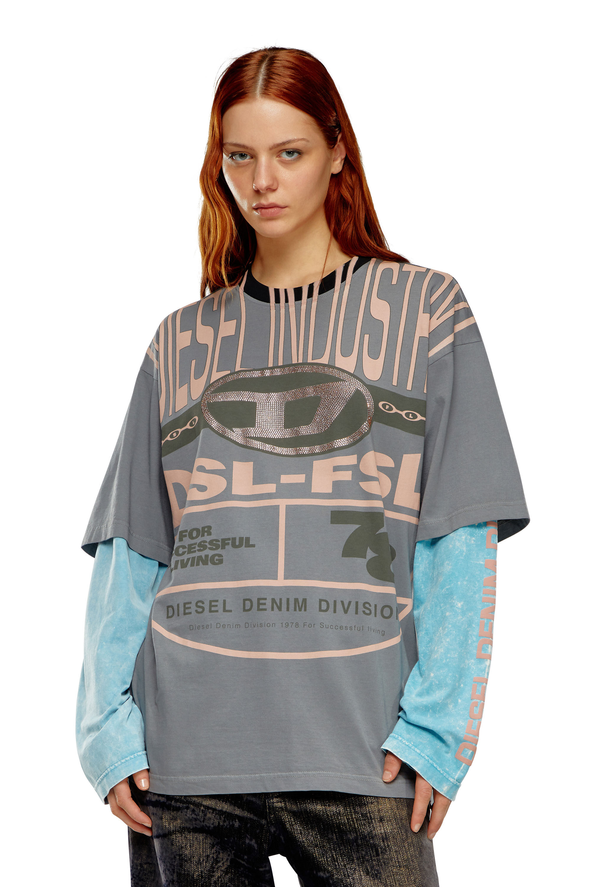 Women's oversized Layered T-shirt with rhinestone Oval D | Diesel