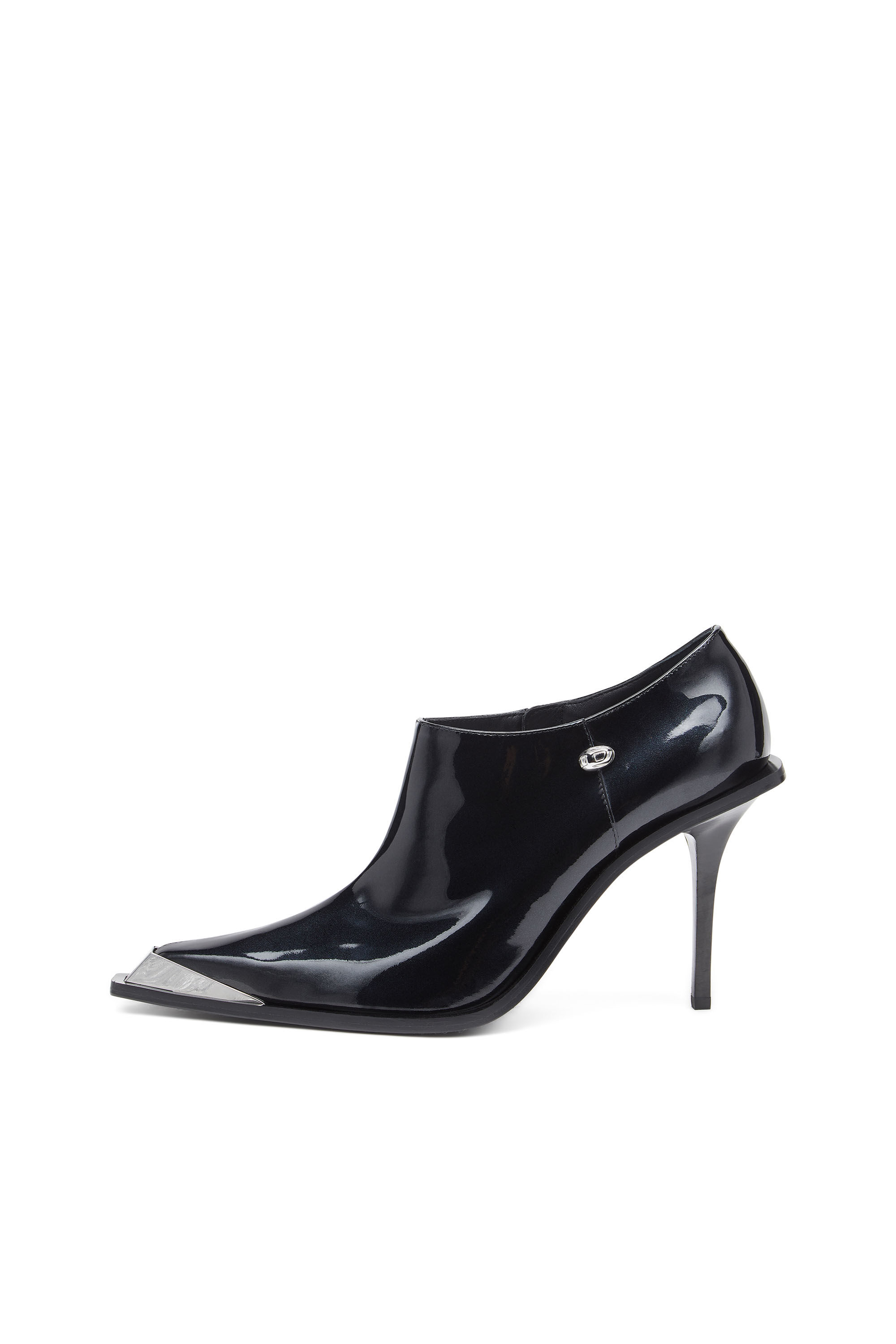 Patent leather boots with clear heel outlet