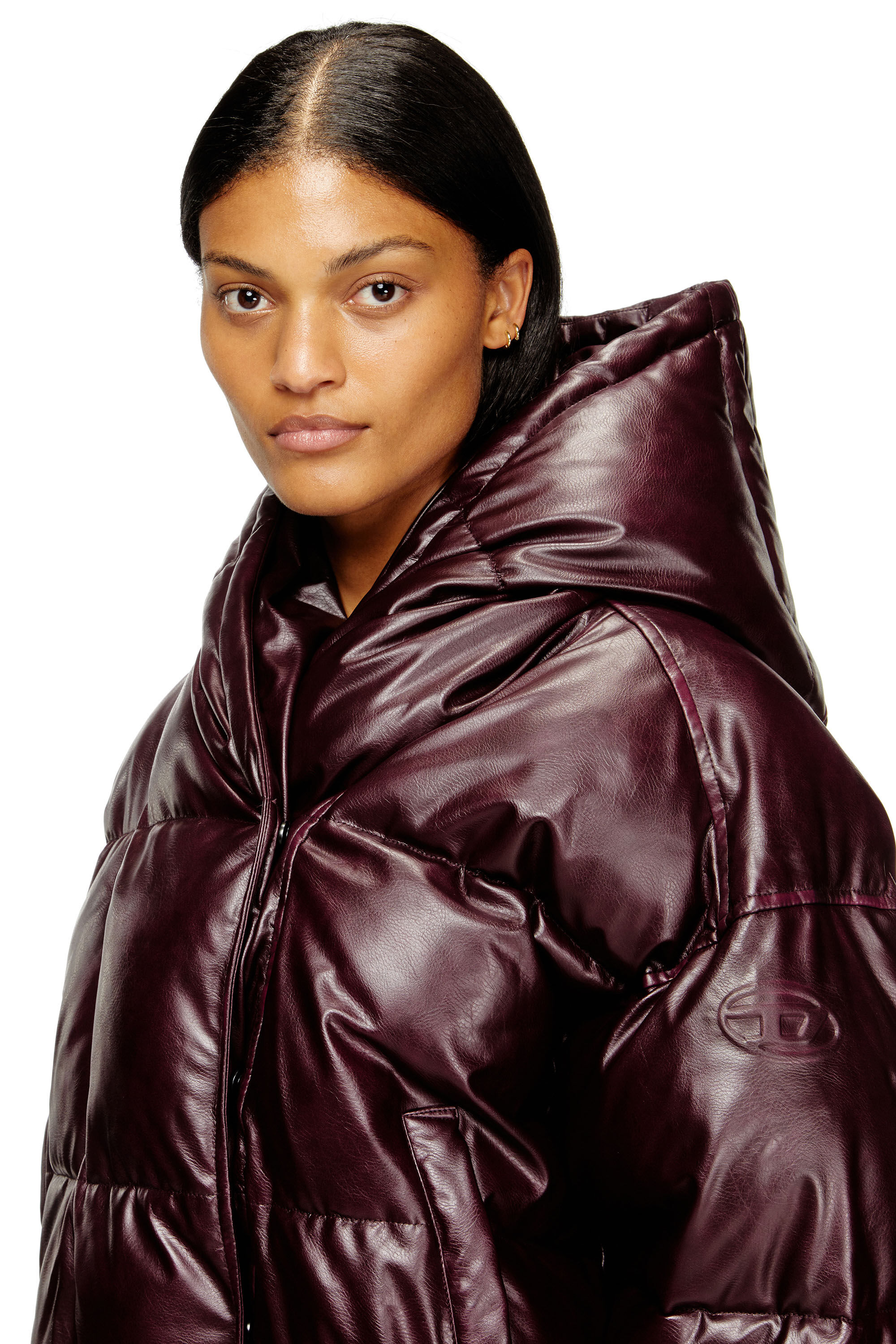 Women's Burgundy hooded puffer jacket in coated fabric | Red | Diesel