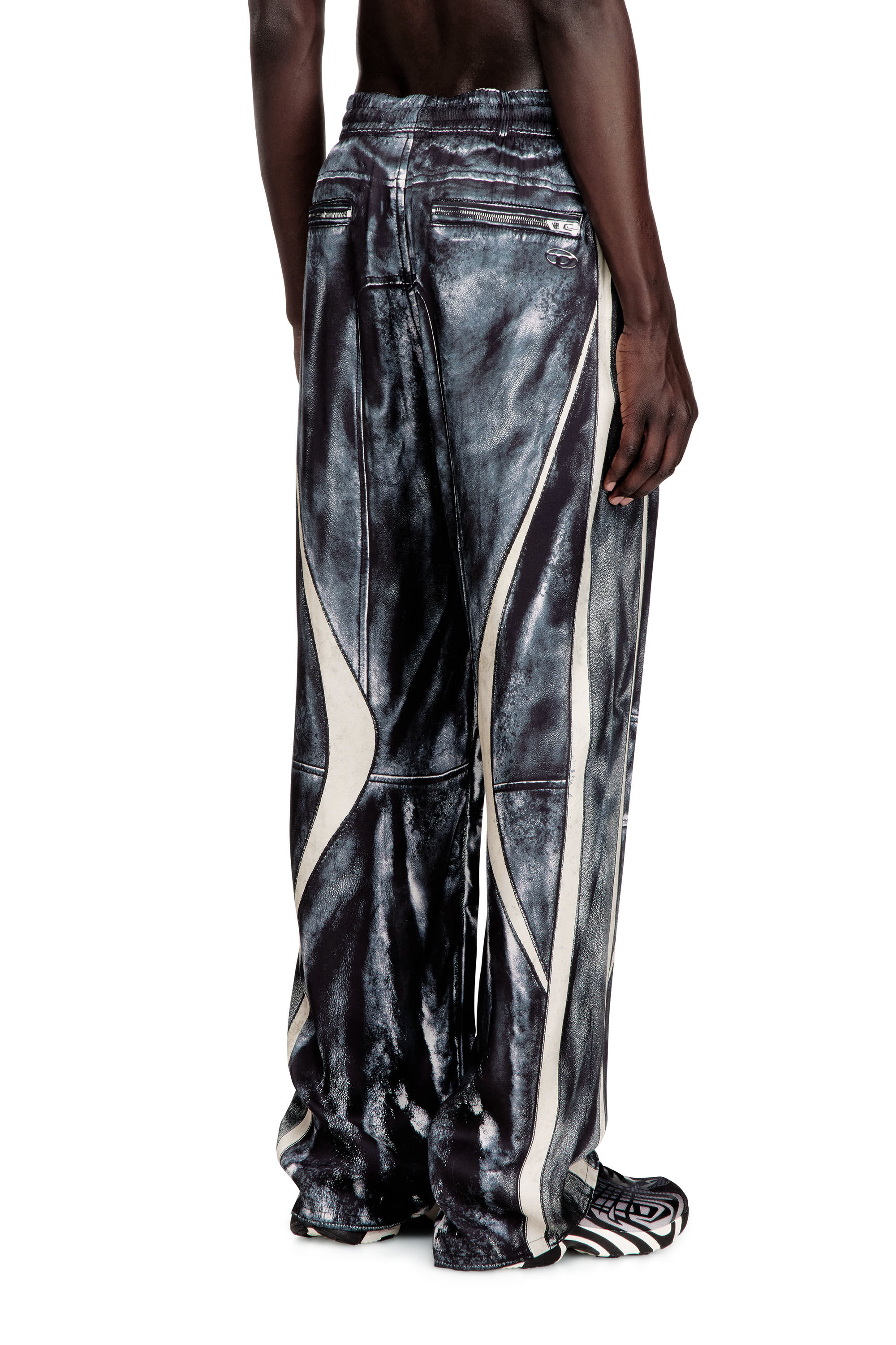 【NACHE】DISTORTED DRAPING PANTS (UNISEX) Men's Biker-trompe l'oeil satin track pants | Blue | Diesel