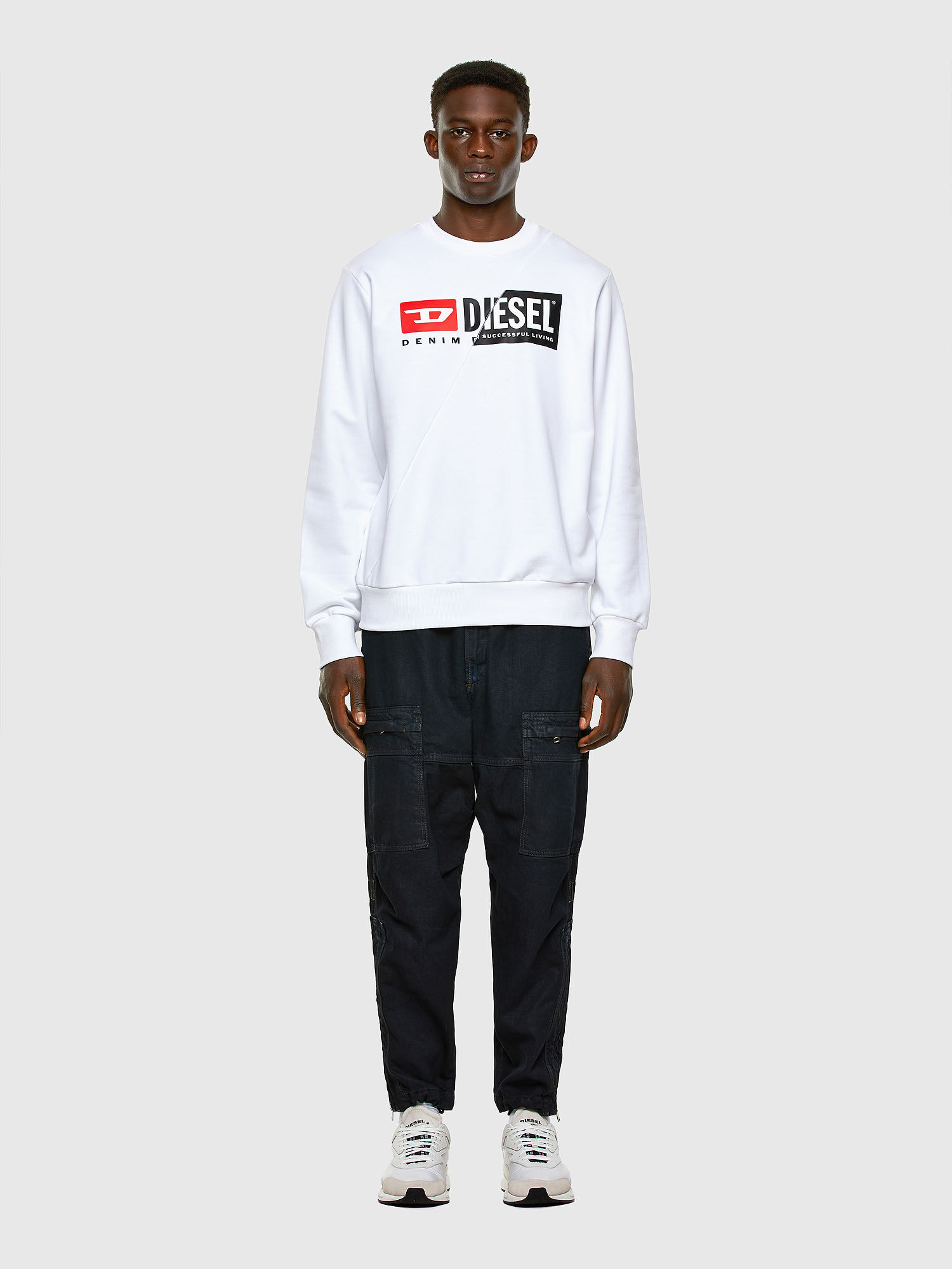Diesel - S-GIRK-CUTY, Man's Sweatshirt with double logo print in White - 1