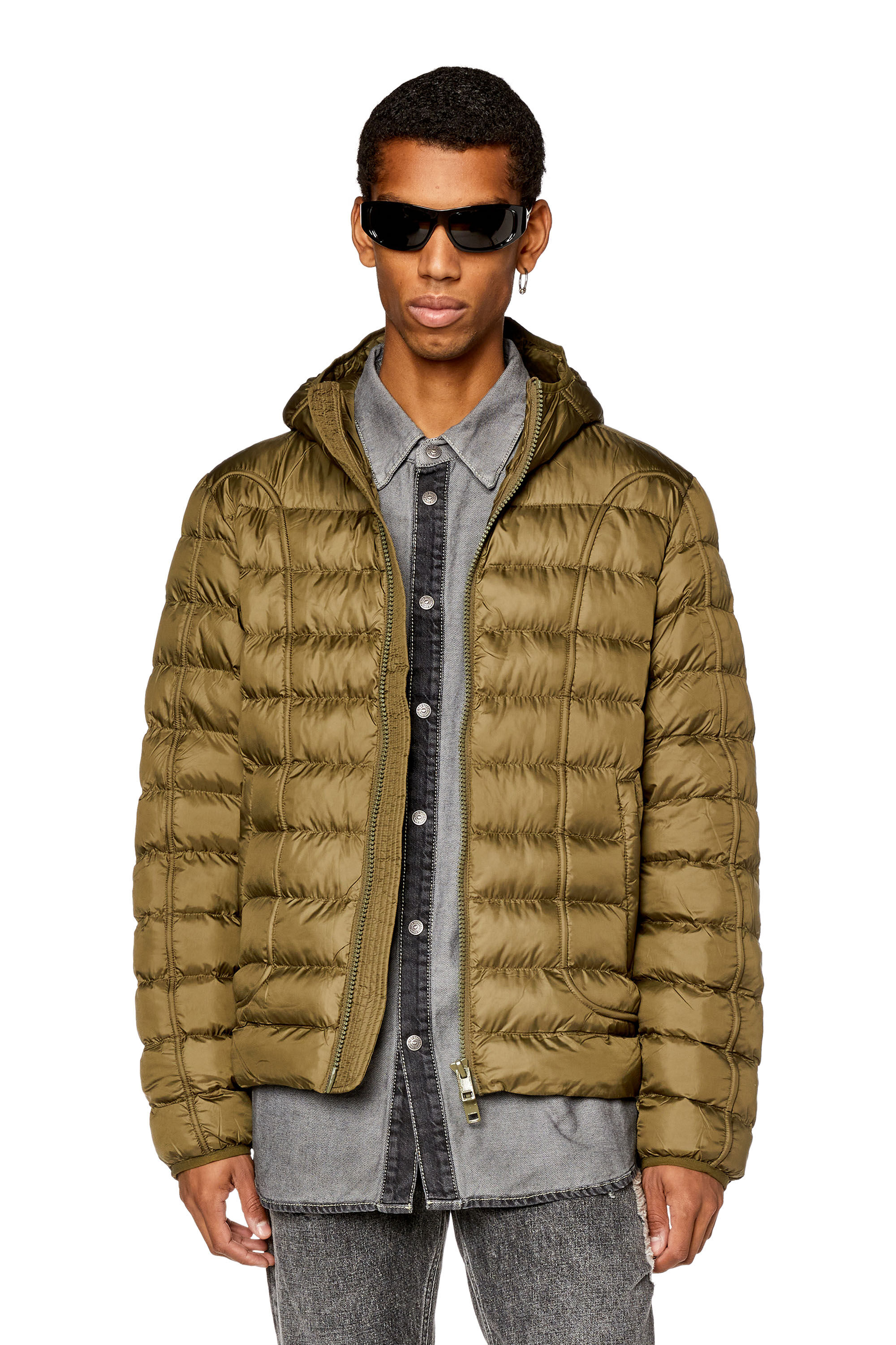 Men s Hooded nylon puffer jacket with piping W SCOTTYS Diesel