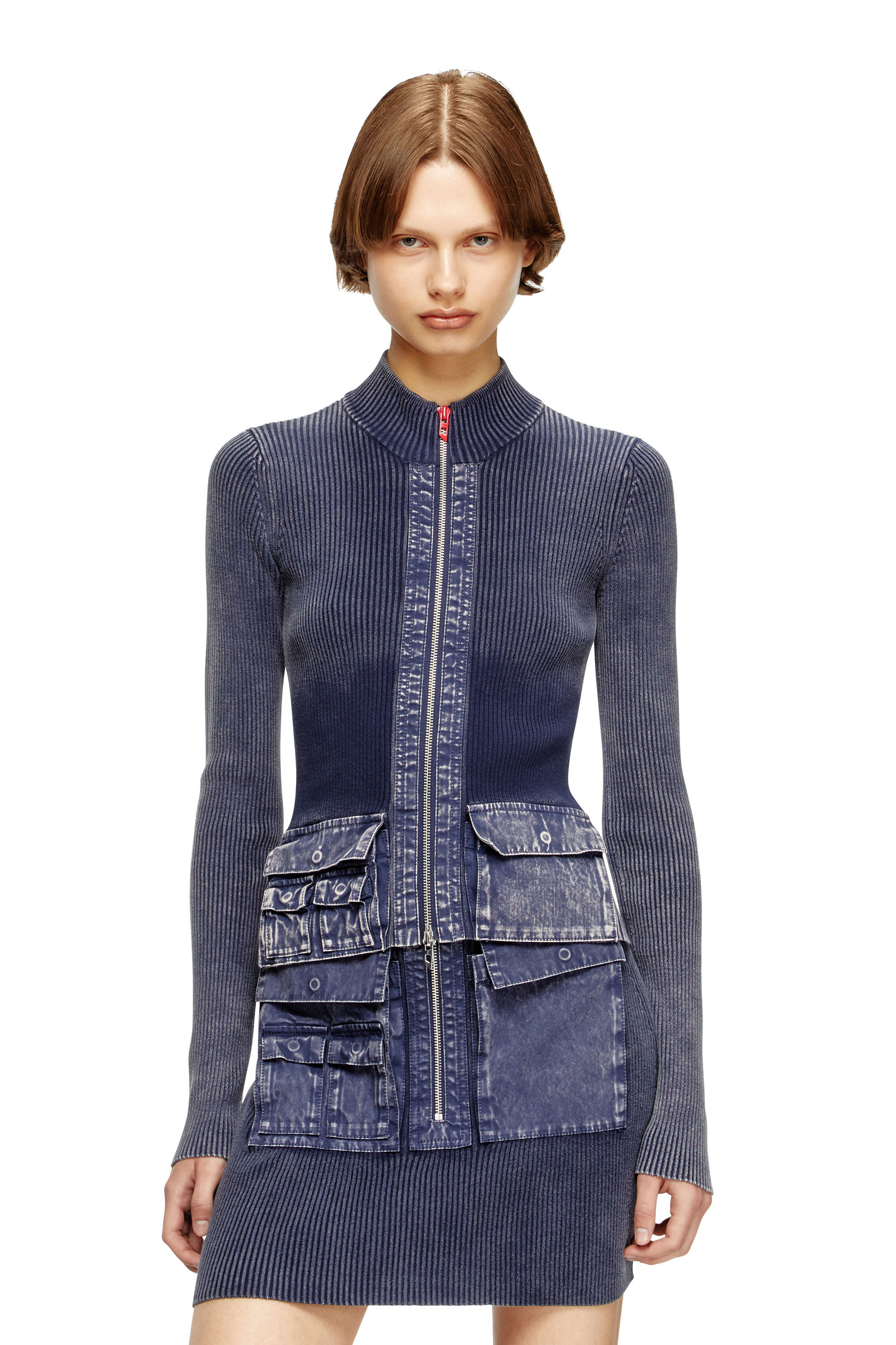 Diesel - M-MELISSA, Woman's Zip-up cardigan with denim cargo pockets in Blue - 2