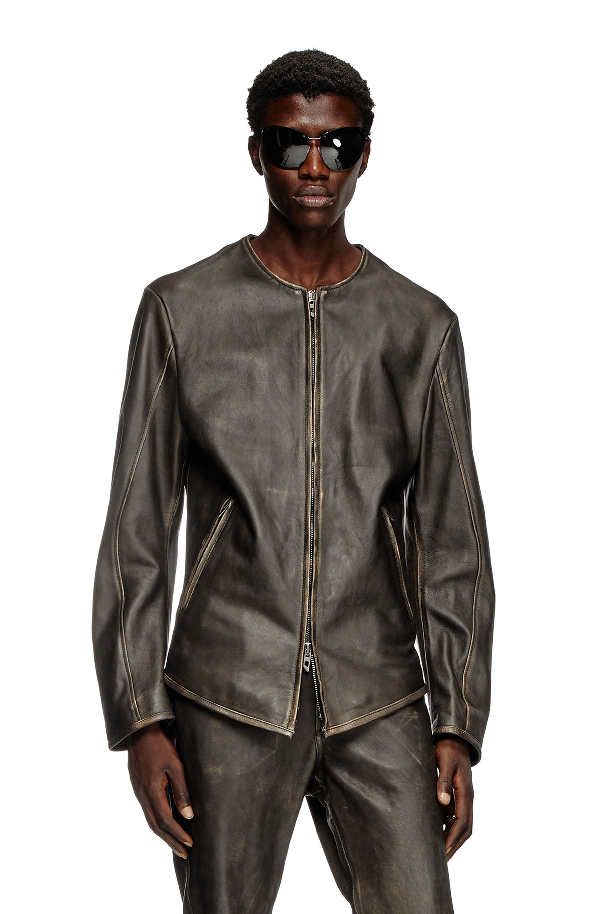 Men s Biker jacket in distressed leather Black Diesel