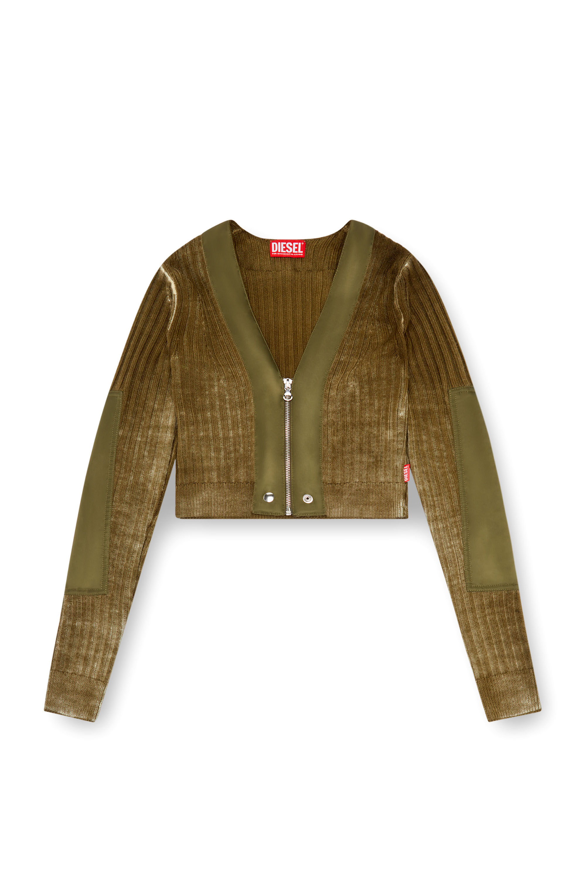 Women s Cropped wool cardigan with nylon trims Green Diesel