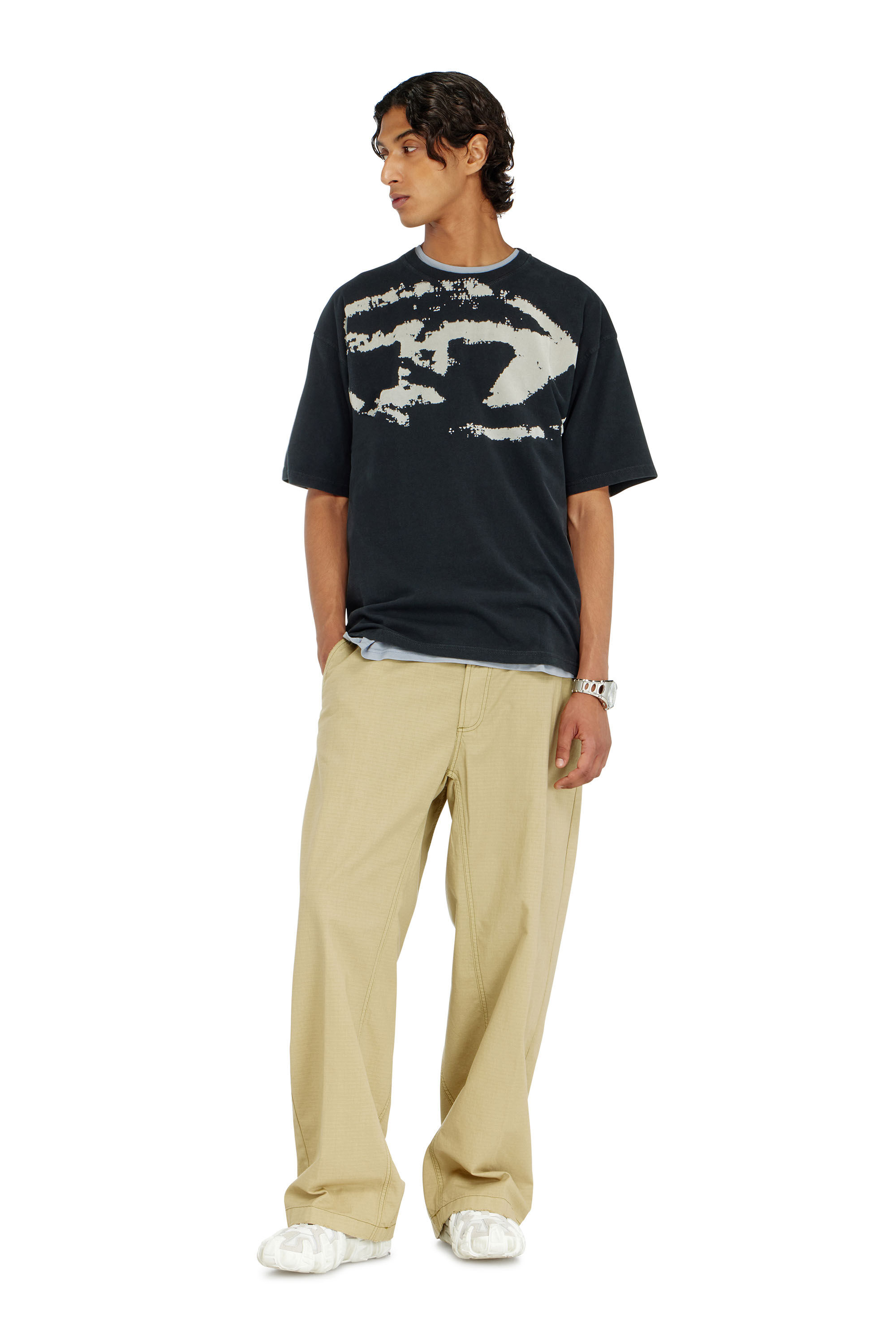Men's T-shirt with distressed flocked logo | Black | Diesel GB
