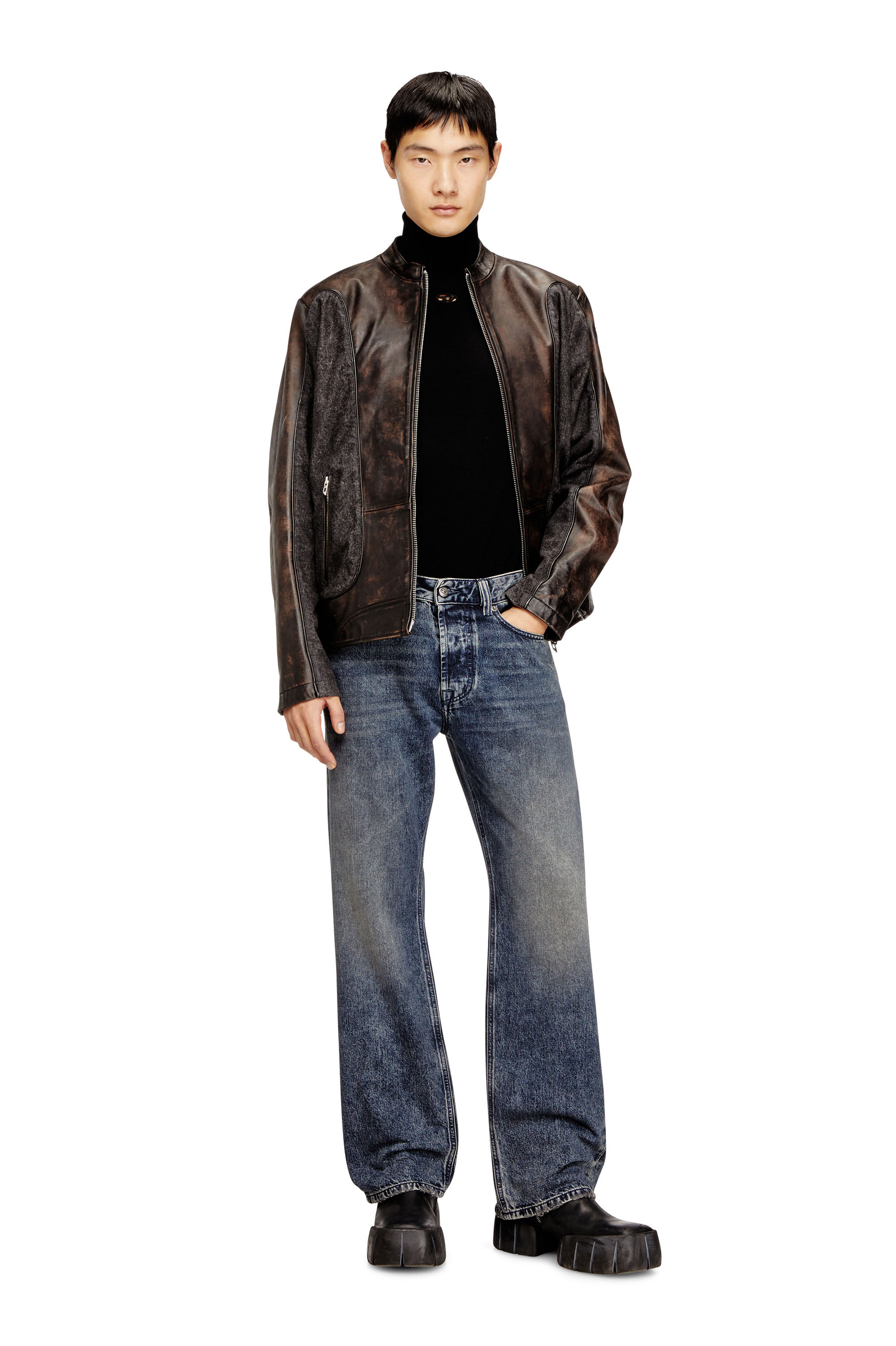 Men's Piped biker jacket in leather and denim | Brown | Diesel
