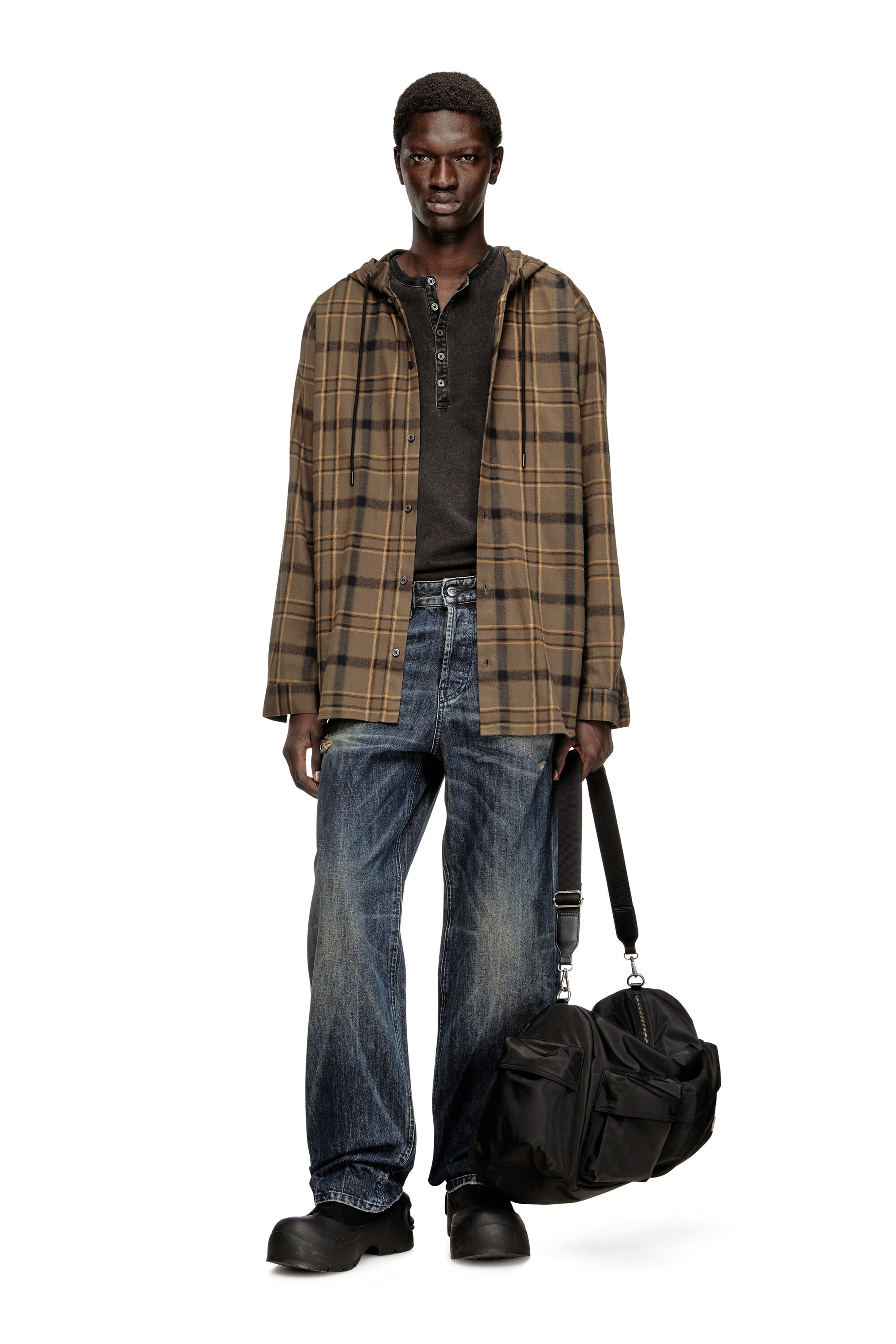 Men's Hooded shirt in check flannel with logo | Multicolor | Diesel
