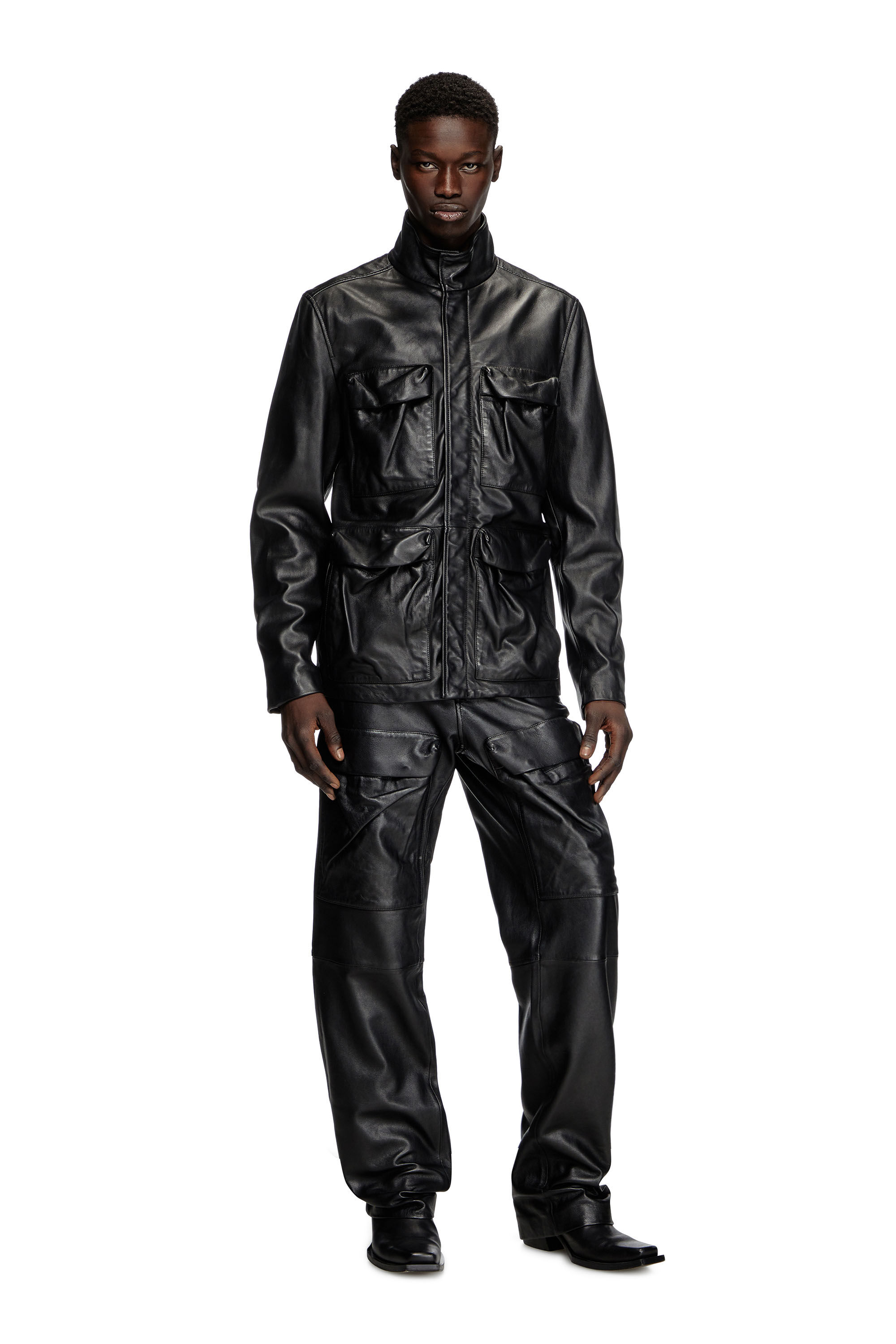 Diesel - L-GAST, Unisex's Leather jacket with utility pockets in Black - 1