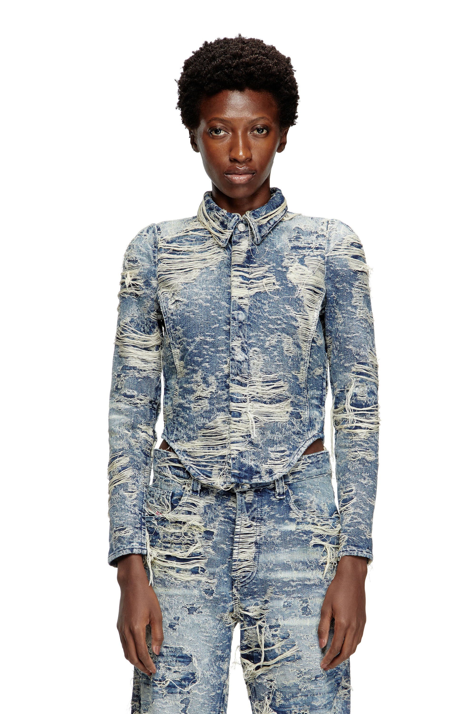Diesel - DE-MADELINE-FSG, Woman's Shirt in jacquard denim with floating threads in Medium blue - 3