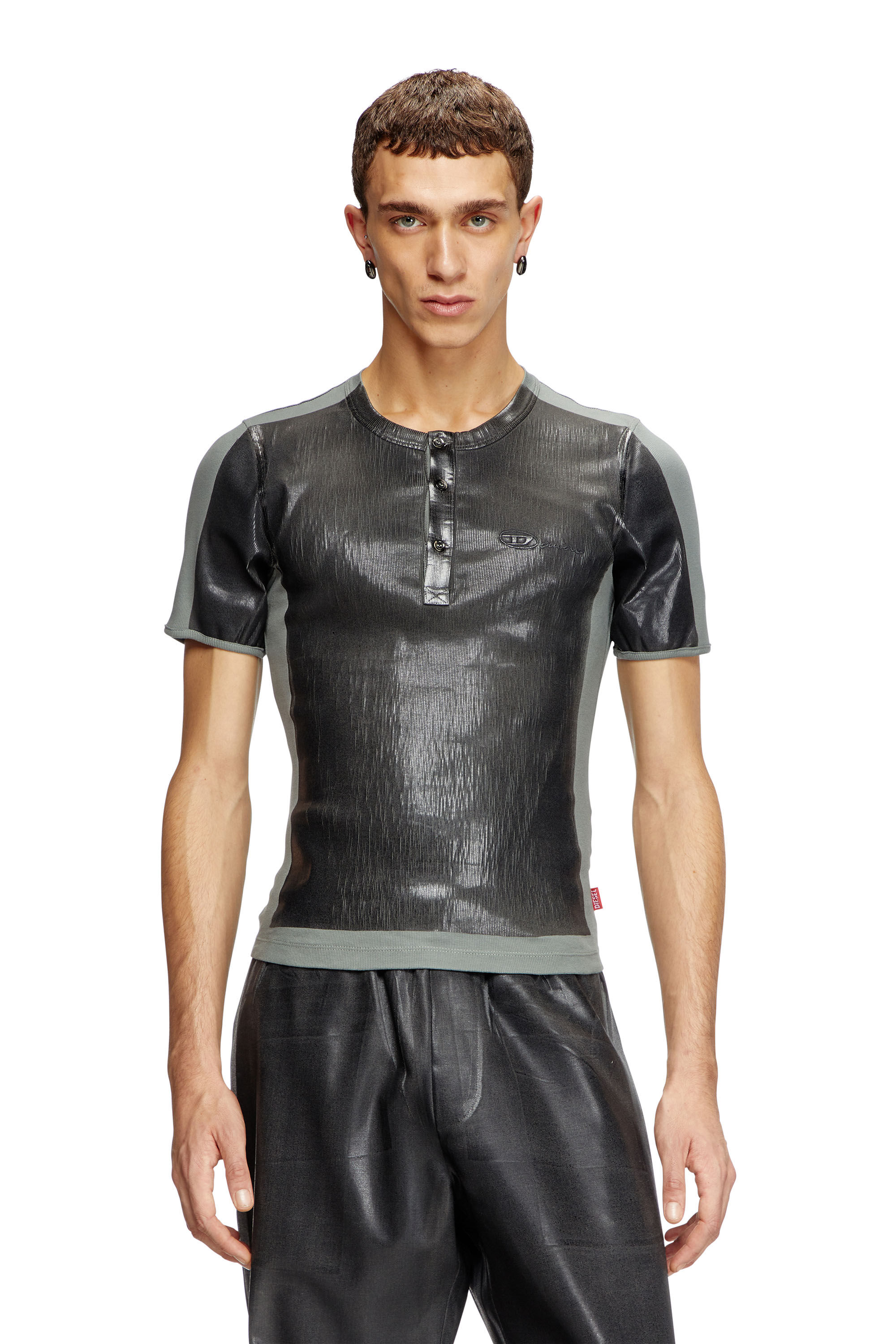 DIESEL t-ribber-dd ヘンリーTシャツ マネスキン リブストレッチ Women's Henley T-shirt with coated front | Grey | Diesel