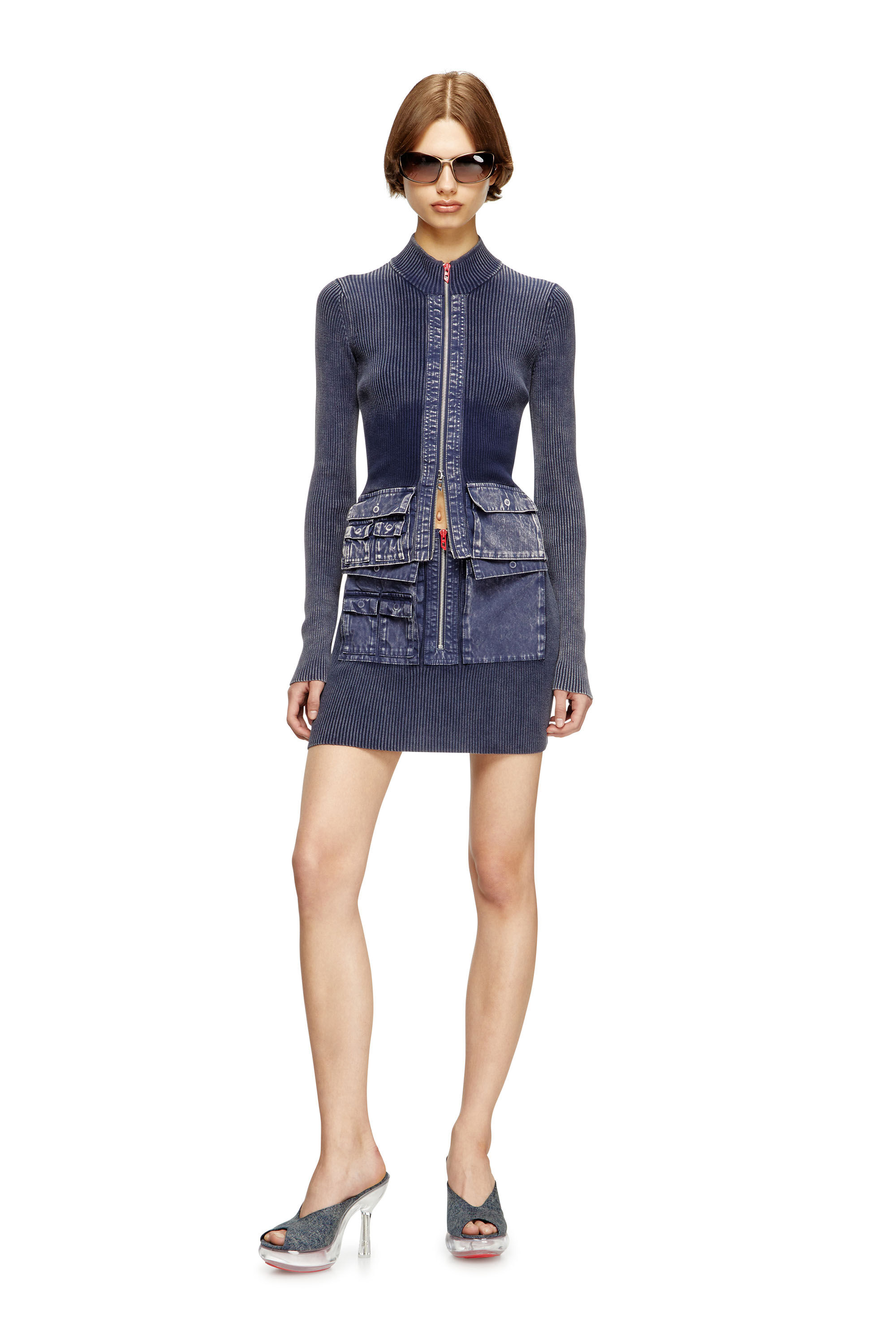 Diesel - M-MELISSA, Woman's Zip-up cardigan with denim cargo pockets in Blue - 1