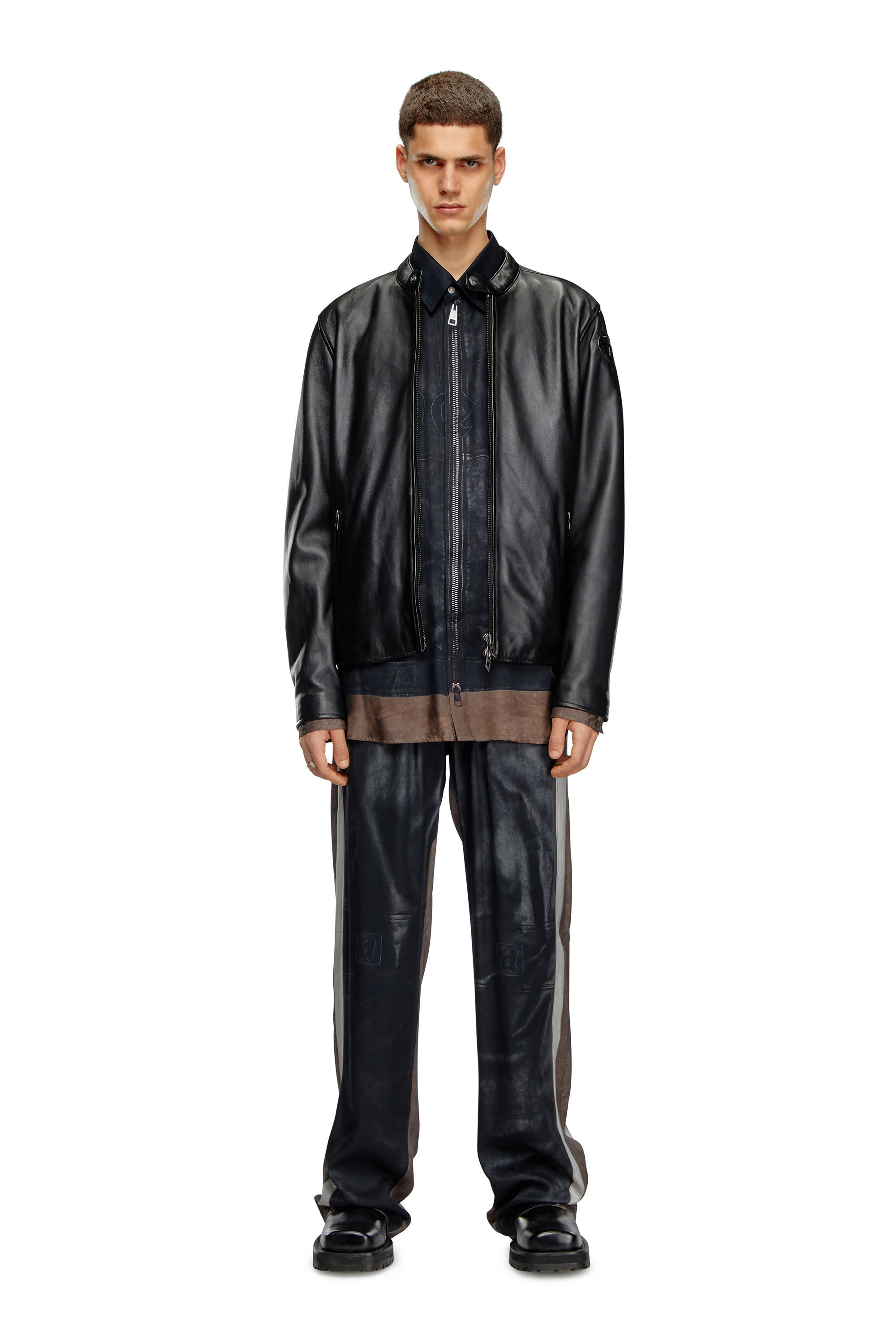 Men's Leather biker jacket with embossed logo | Black | Diesel