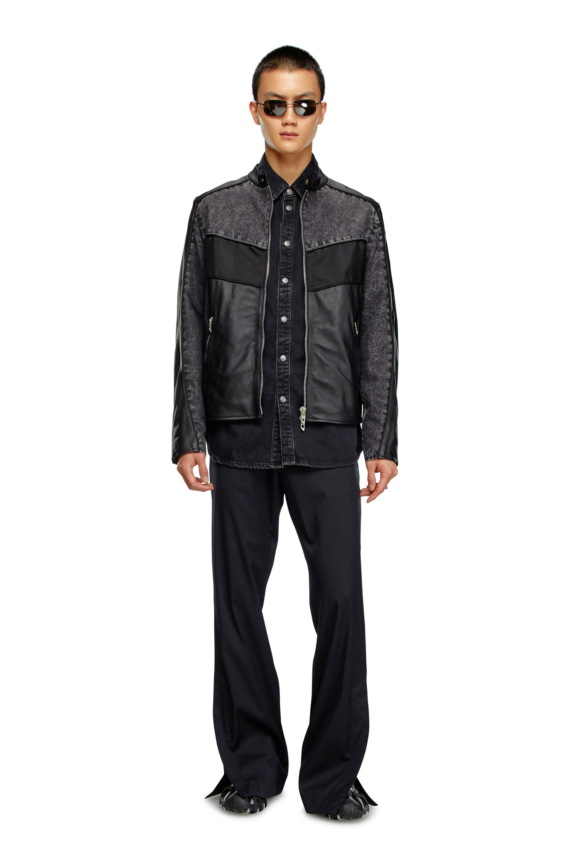 Men's Denim and shell-panelled leather jacket | Black | Diesel Men's Denim and shell-panelled leather jacket | Black | Diesel