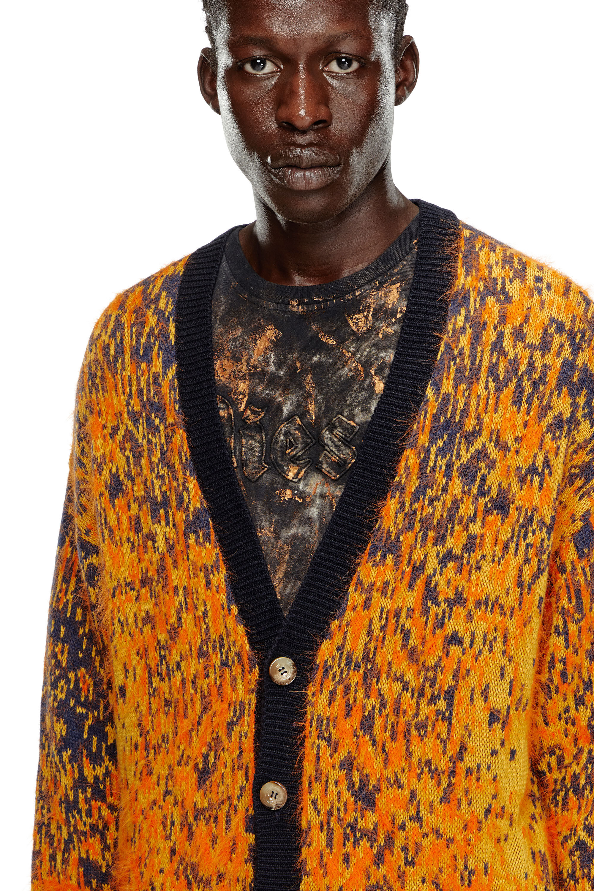 Men s Fuzzy cardigan with abstract pattern Orange Diesel