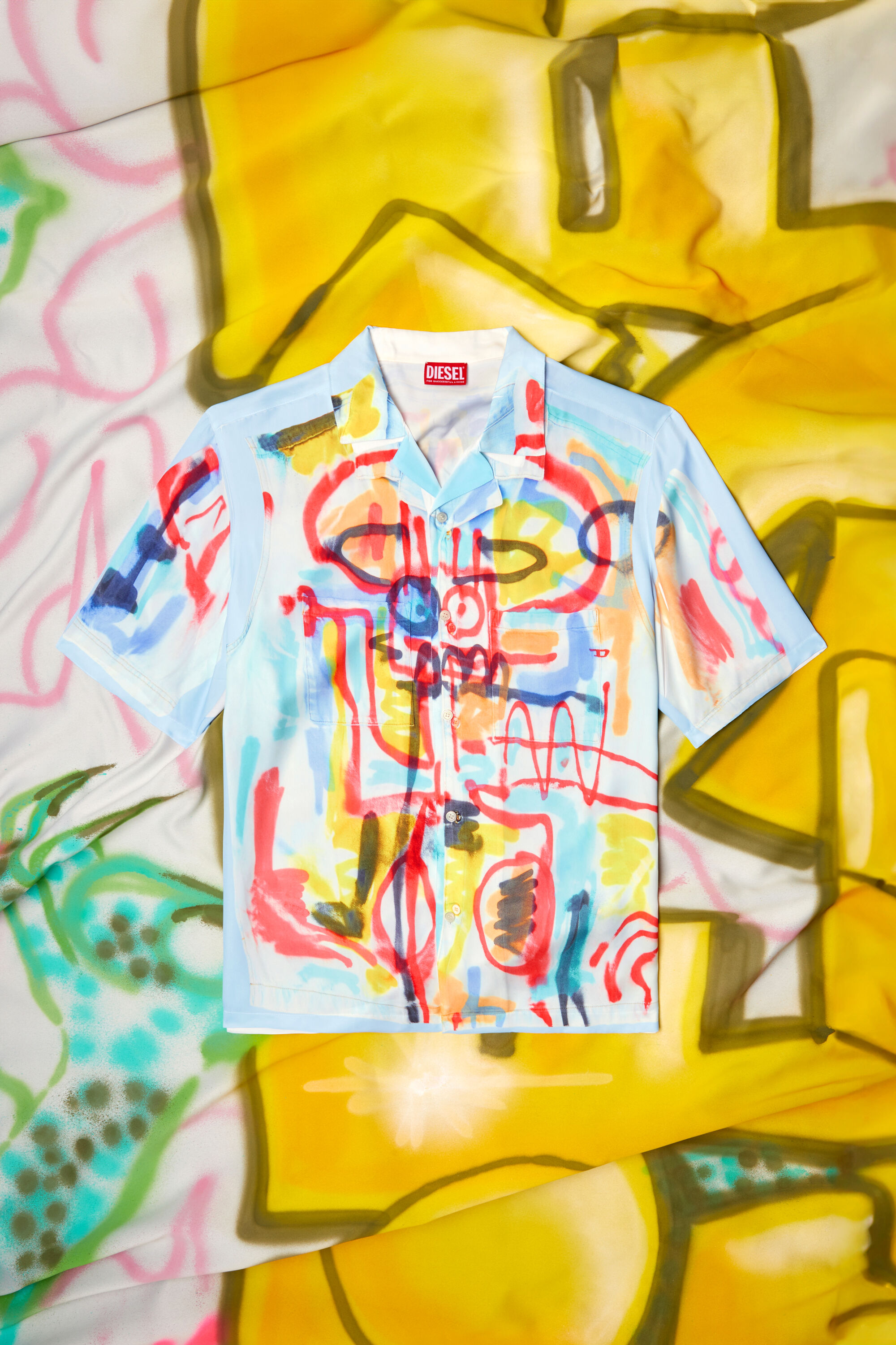Diesel - C-PAROSHORT-GRAFFITI-AFR, Unisex's Satin bowling shirt with graffiti print in Light Blue - 2