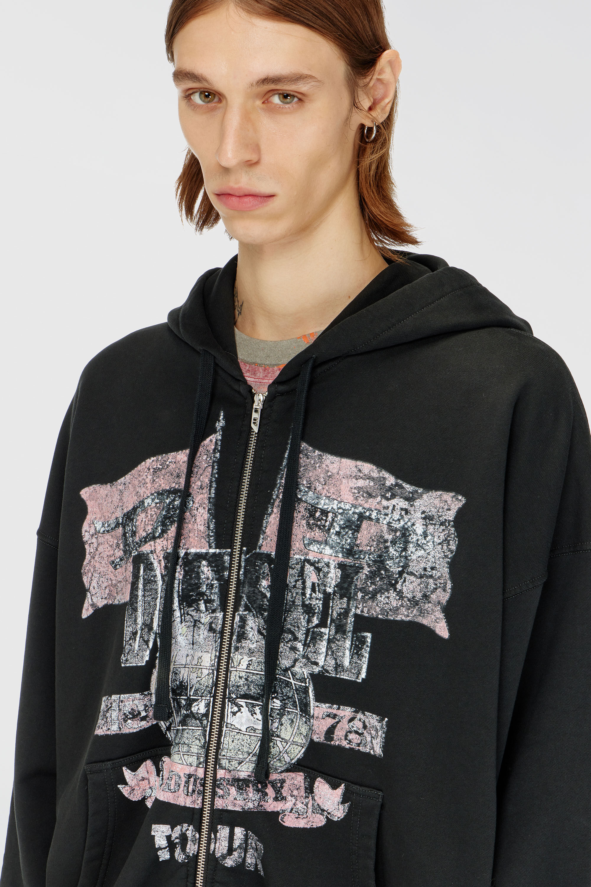 Men's Zip-up hoodie with concert graphics | Black | Diesel GB