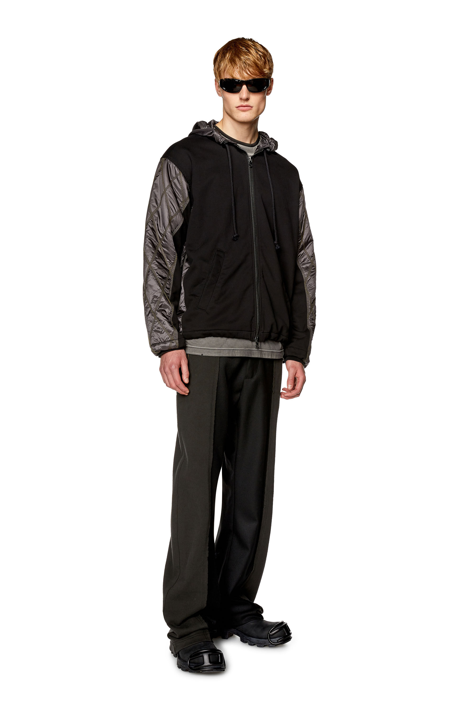 Diesel - J-ROMBE, Man's Hooded jacket in fleece and quilted nylon in Black - 1