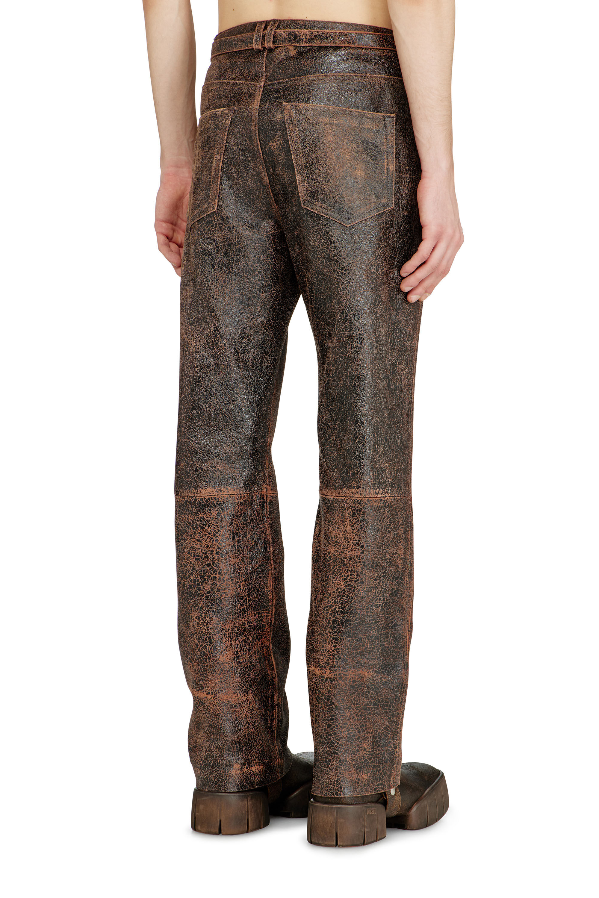 Men's Cracked-leather pants with biker strap detail | Brown | Diesel