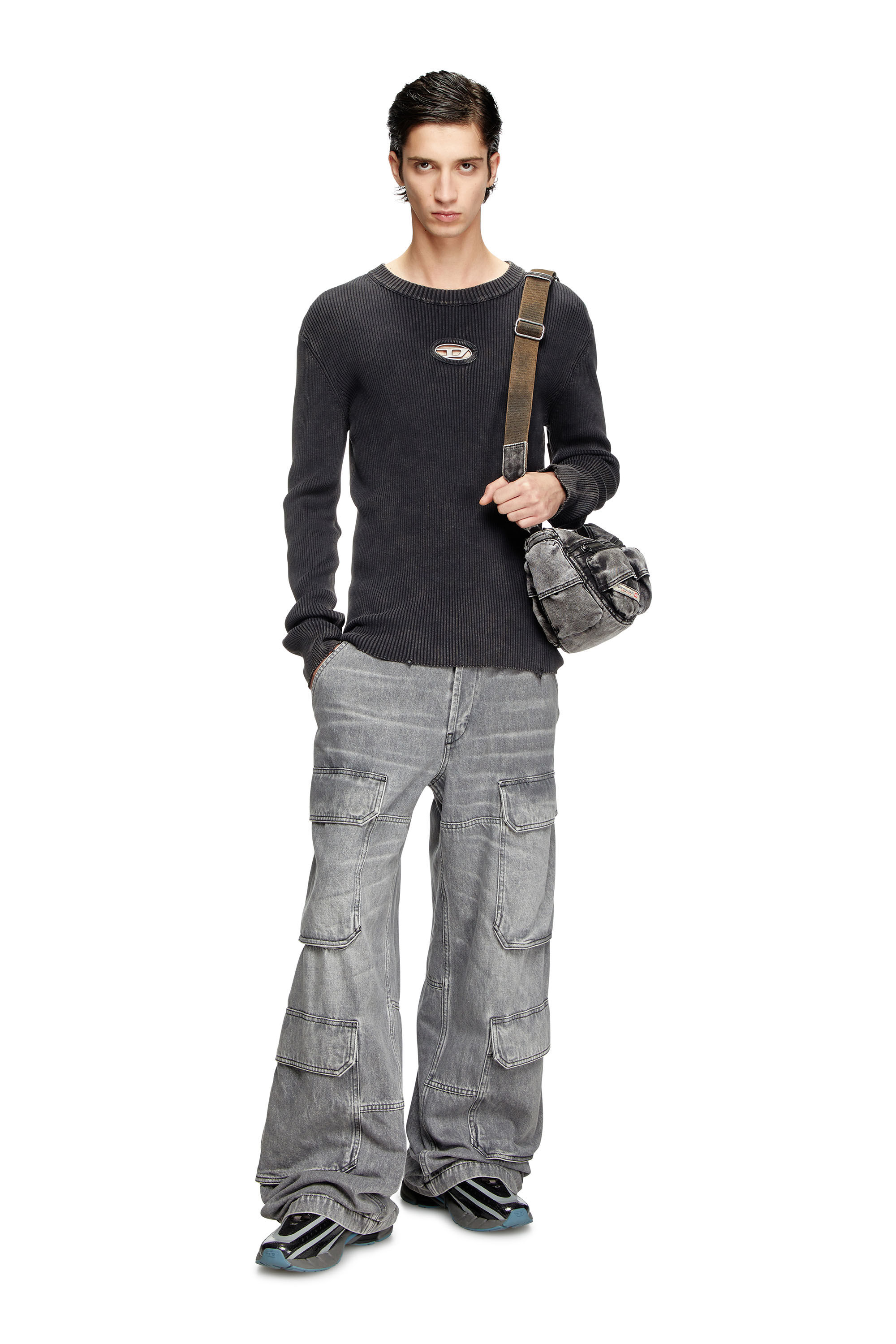 Diesel - K-DARIN-D, Man's Distressed jumper with cut-out logo in Black - 1