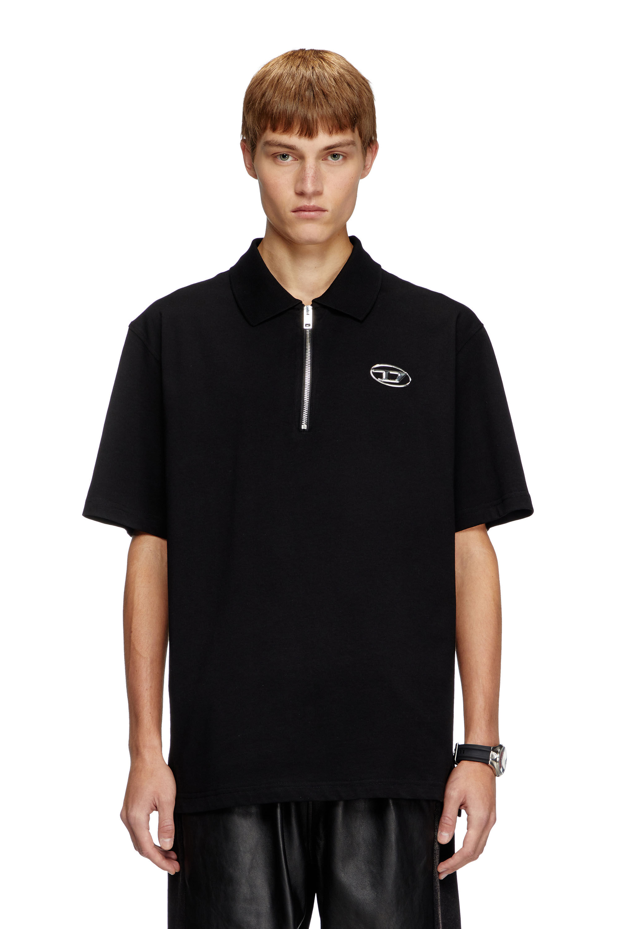 Diesel - T-VOR-OD, Man's Zip front polo shirt with laser cut Oval D in Black - 3