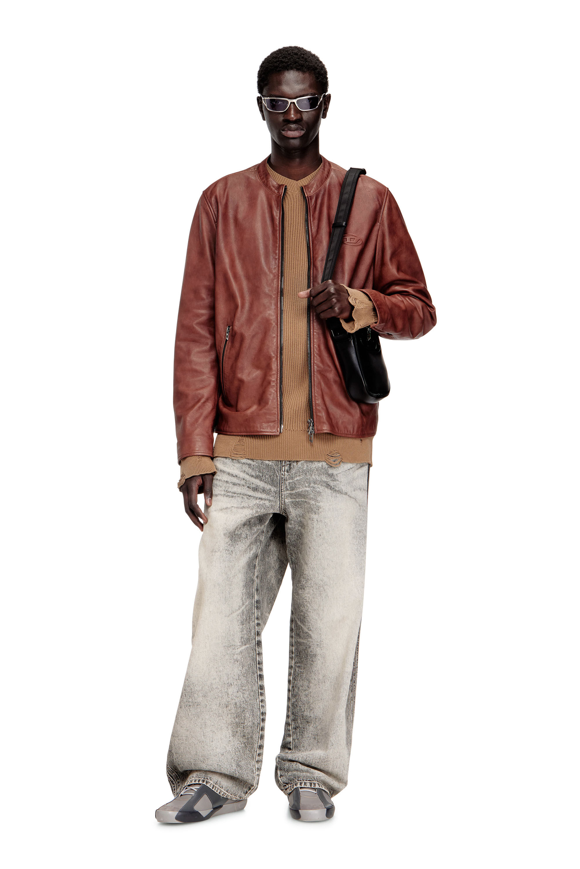 Men's Leather biker jacket with archival logo | Red | Diesel