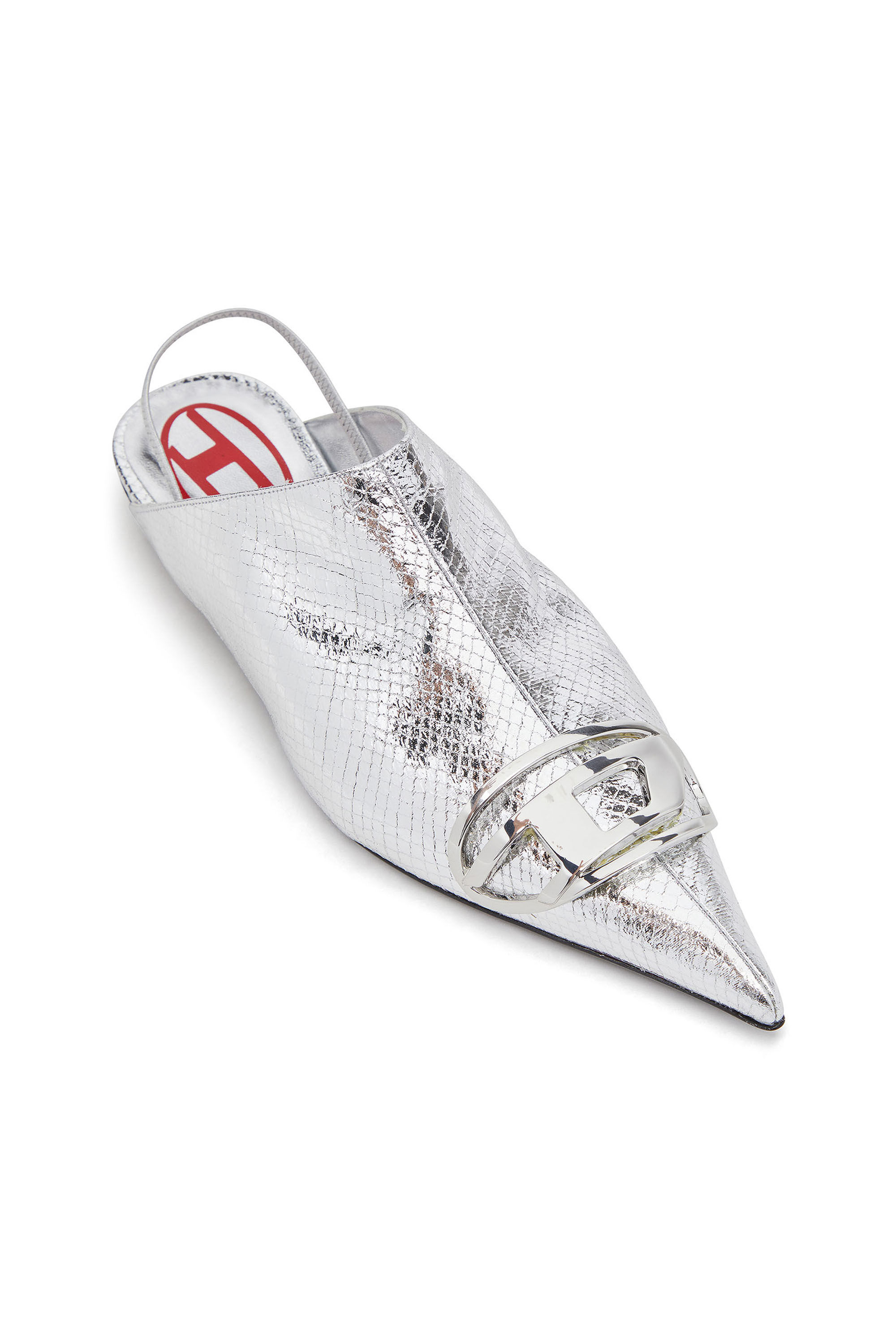 Diesel - D-VENUS B, Woman's D-Venus-Patent snake-effect slingback mules in Silver - 5
