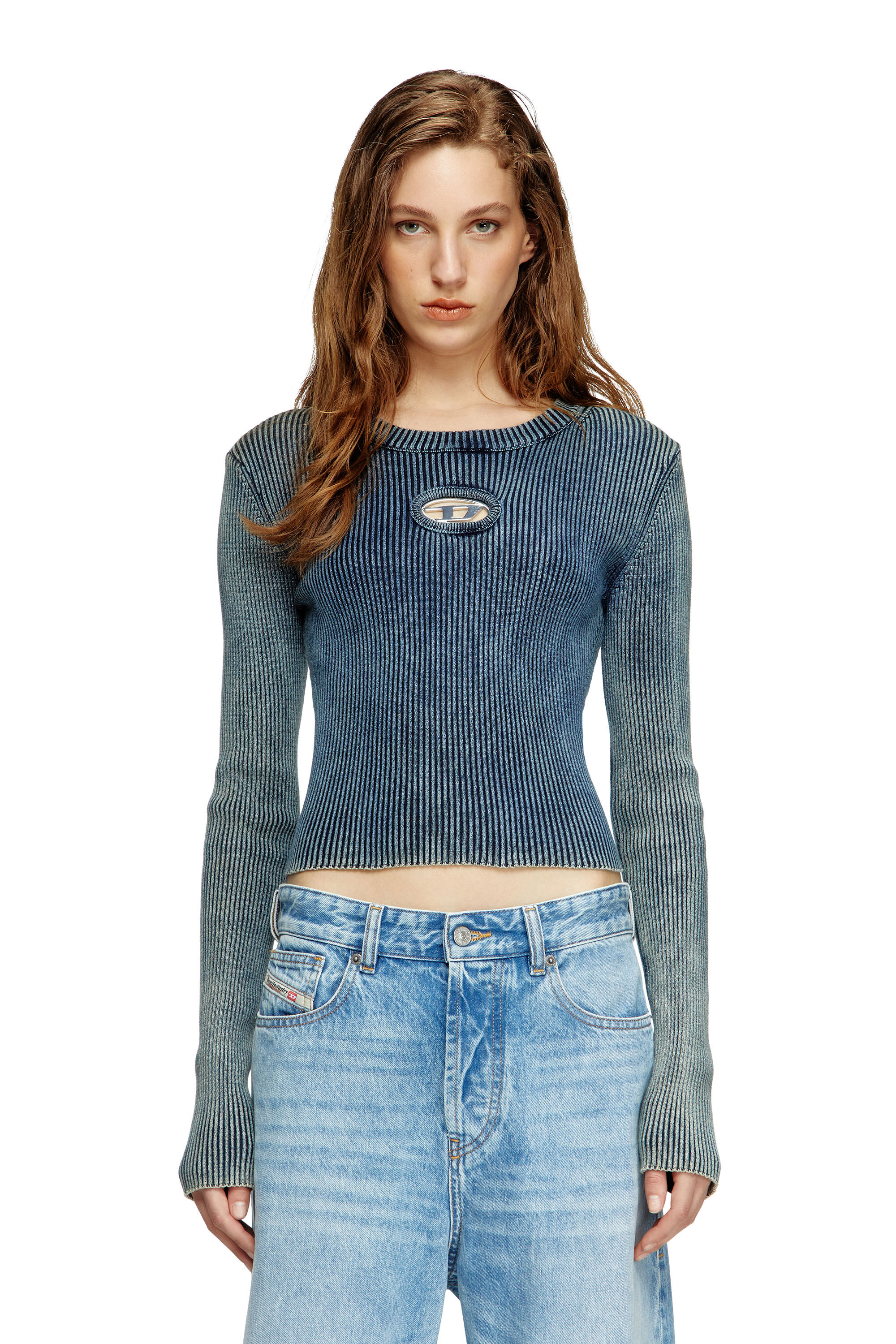Women's Rib-knit top with Oval D | Blue | Diesel {{Country}}