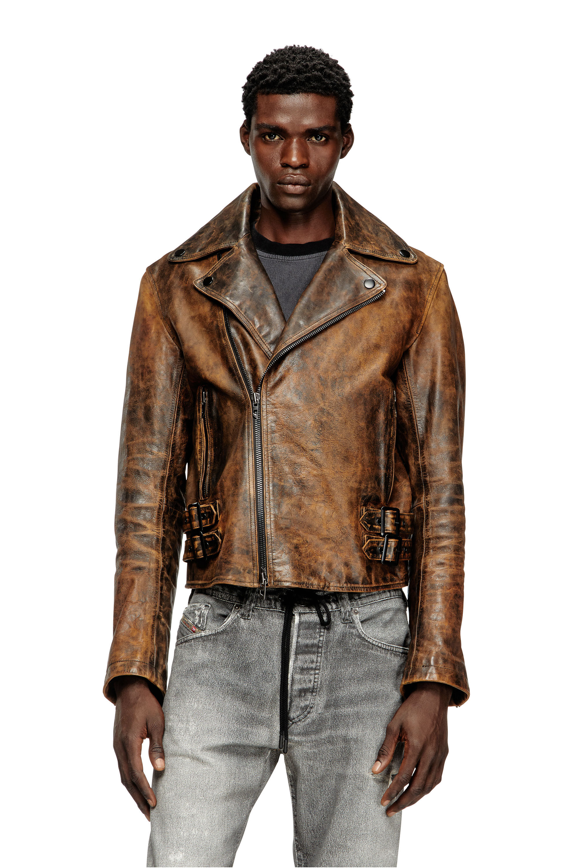 Men's Biker jacket in treated leather | Brown | Diesel