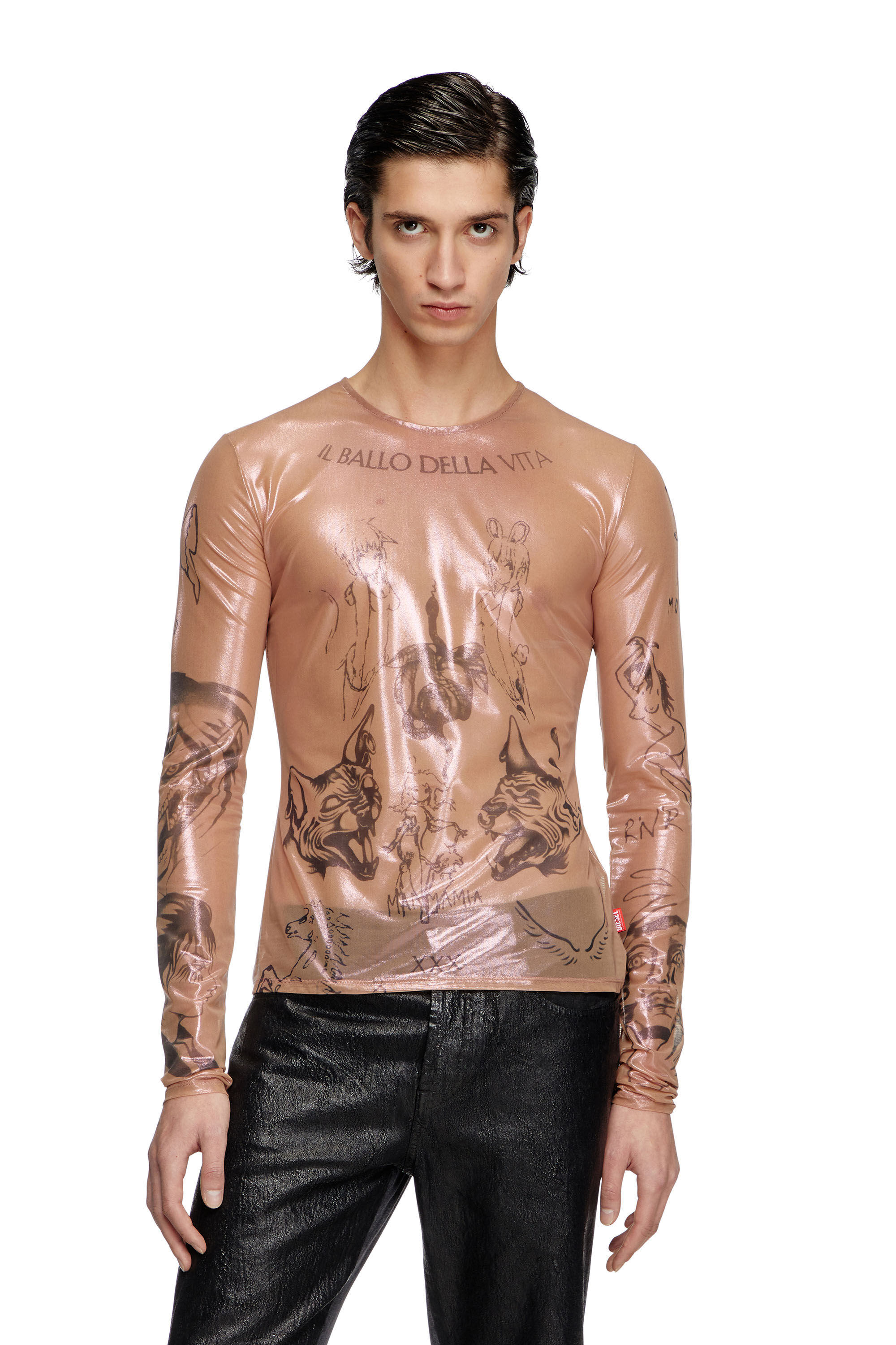 Diesel - T-CLAUDE-DD, Unisex's Tattoo top in coated stretch tulle in Pink - 3