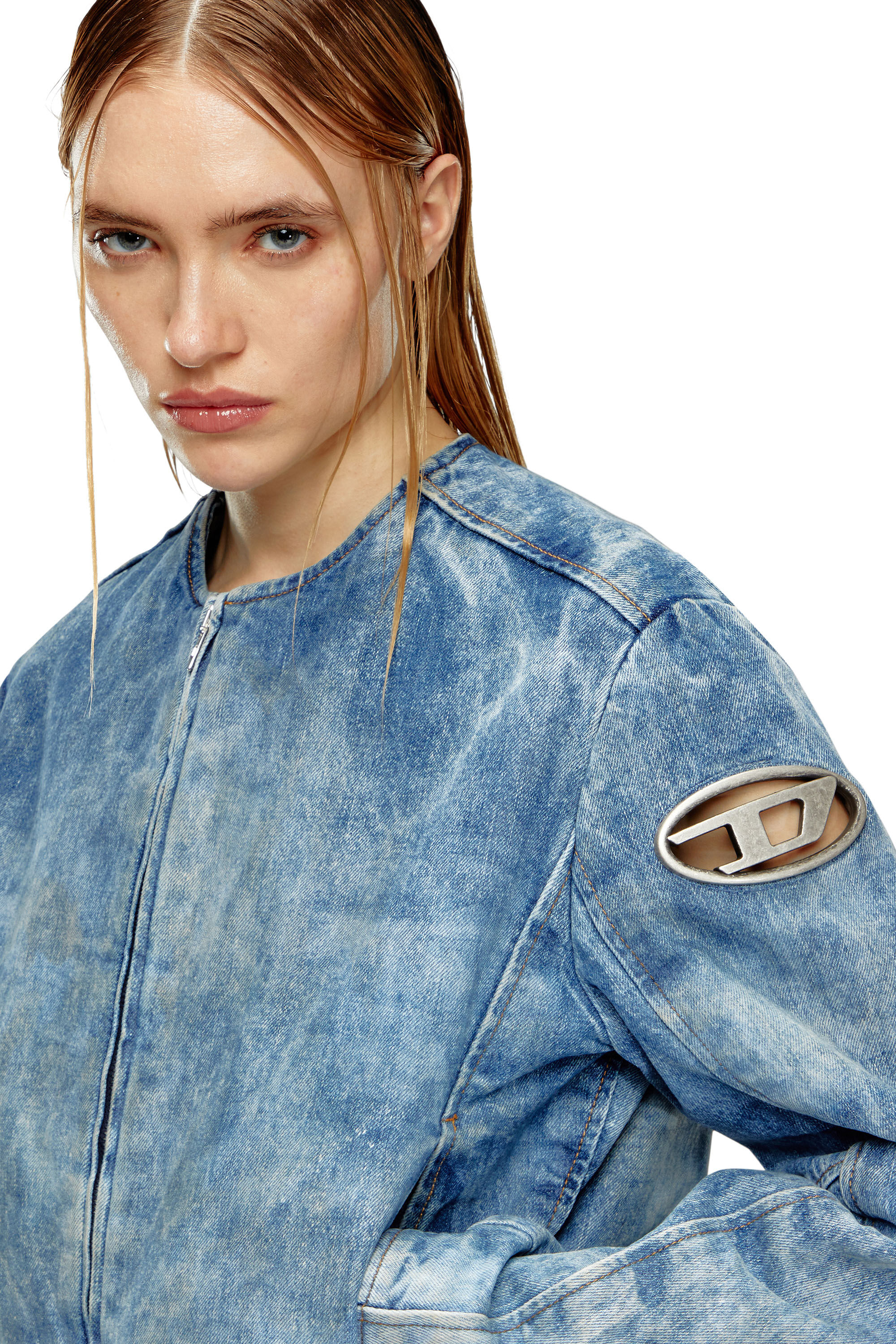 Diesel - DE-CALUR-FSE, Woman's Denim jacket with biker zip details in Medium blue - 5