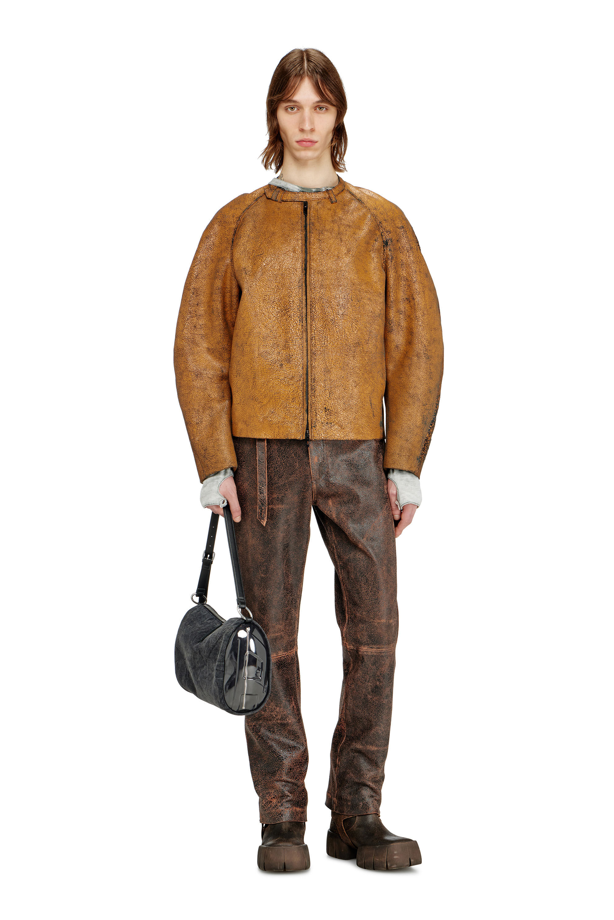 Men's Cracked-leather pants with biker strap detail | Brown | Diesel