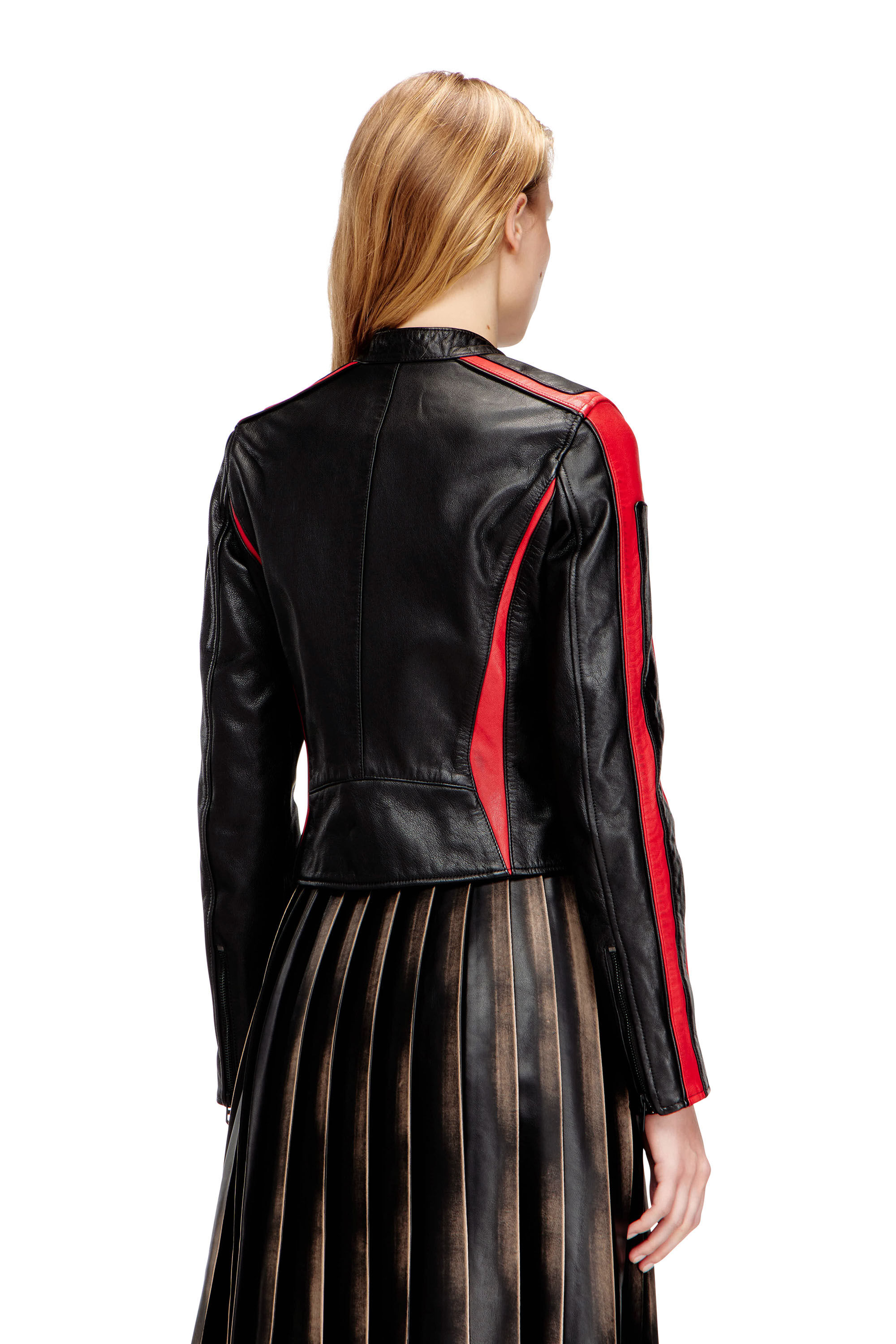 DIESEL バッファローレザー ジャケット ブラック/レッド Women's Biker jacket in colour-block leather | Multicolor | Diesel