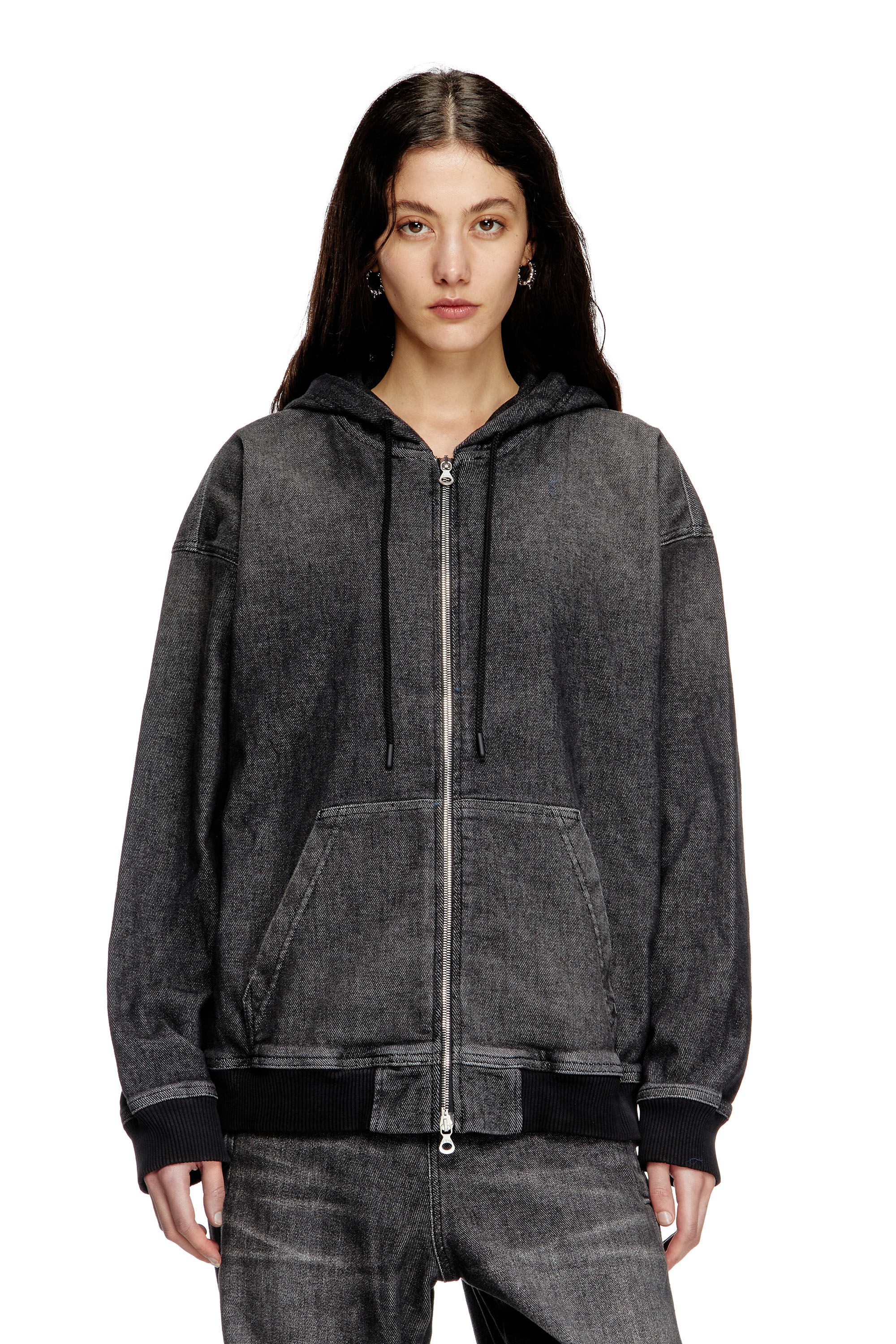Women's Zipped hoodie in dirt-effect Track Denim | Black | Diesel