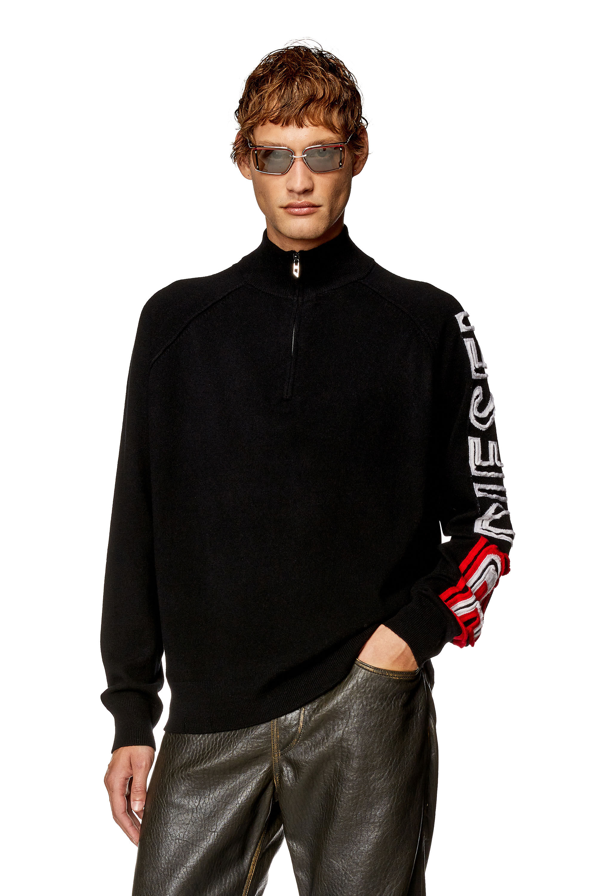 Men s Half zip jumper with peel off intarsia logo Black Diesel