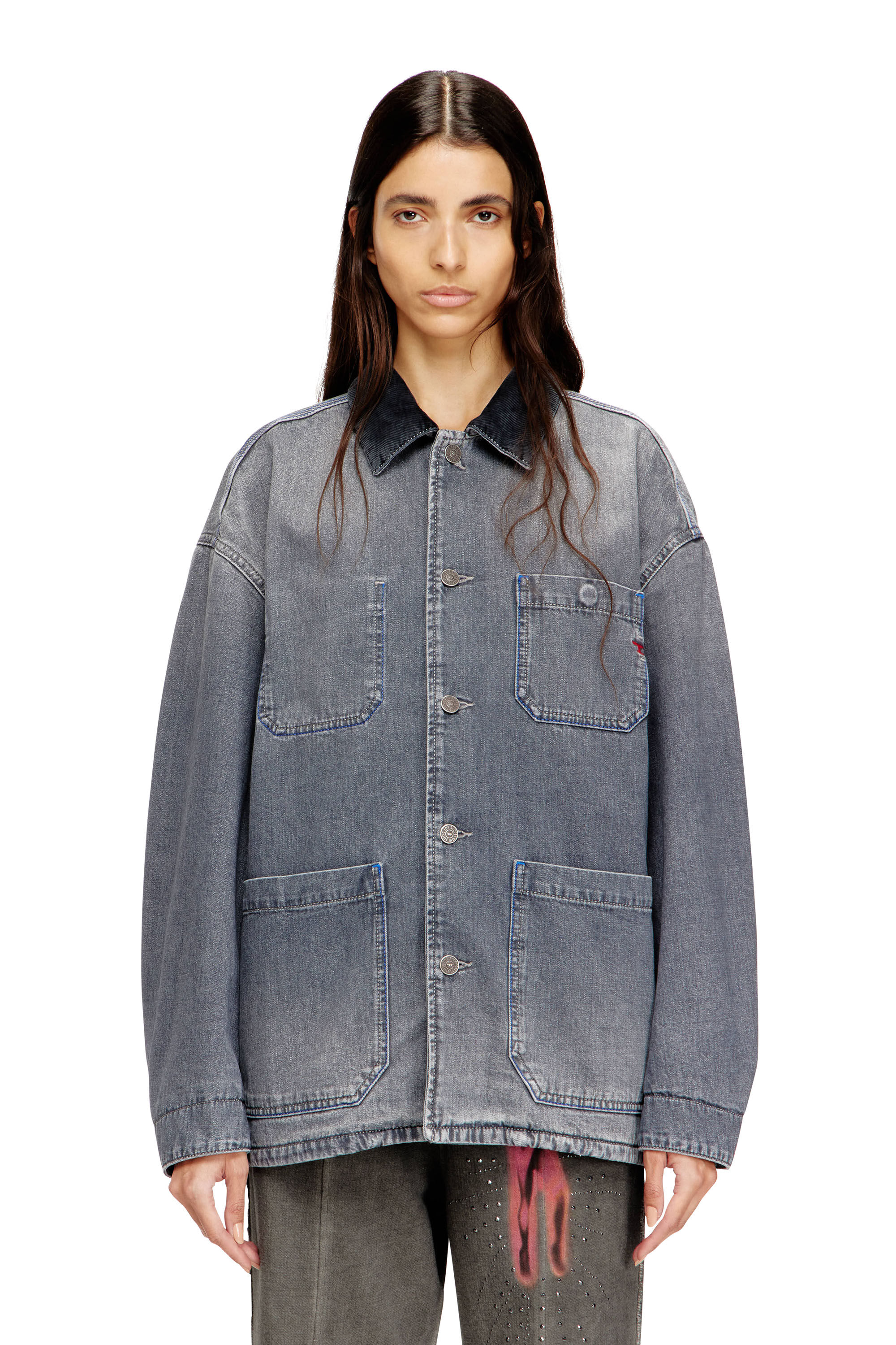 Women's Utility-style denim jacket with contrasting collar | Grey