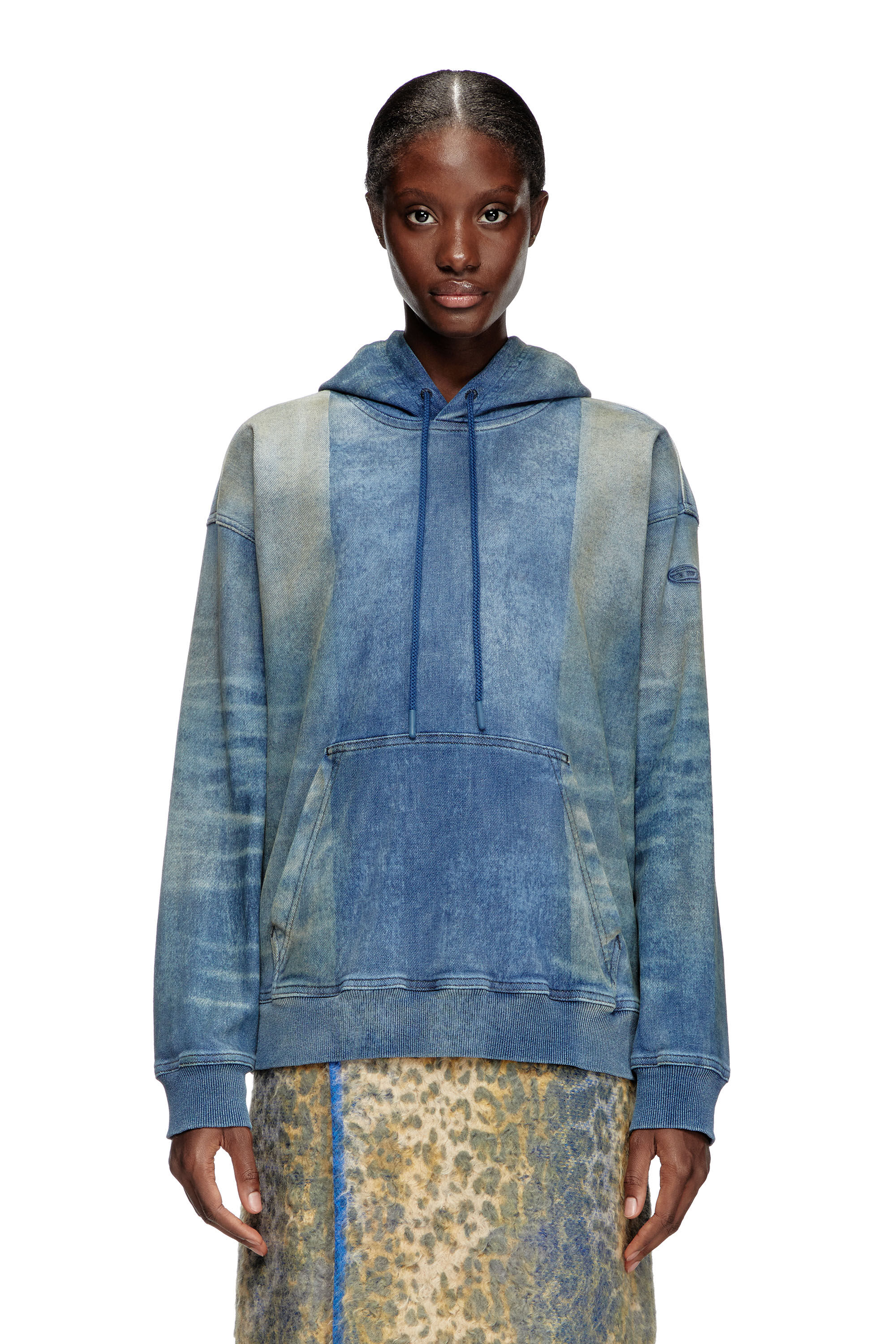 Women s Hoodie in Track Denim with solarised folds Blue Diesel