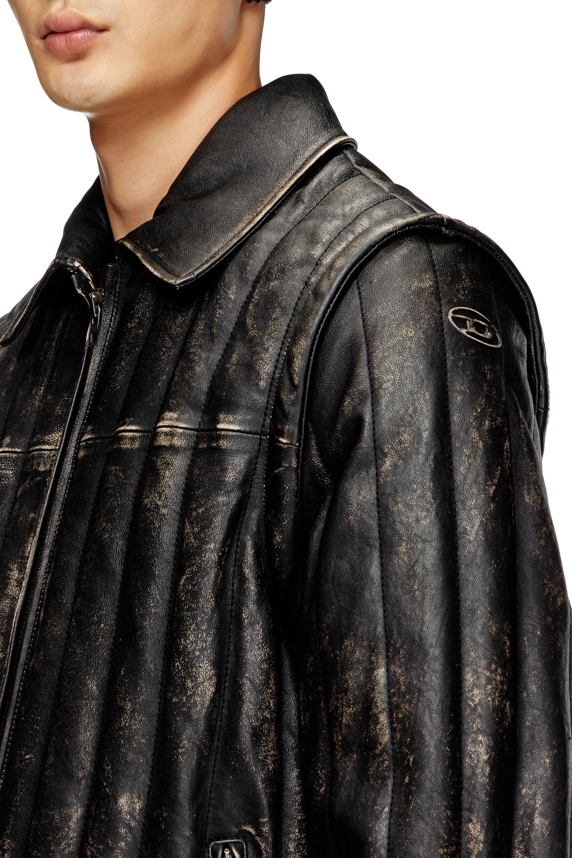 Men s Distressed quilted leather jacket vest Black Diesel