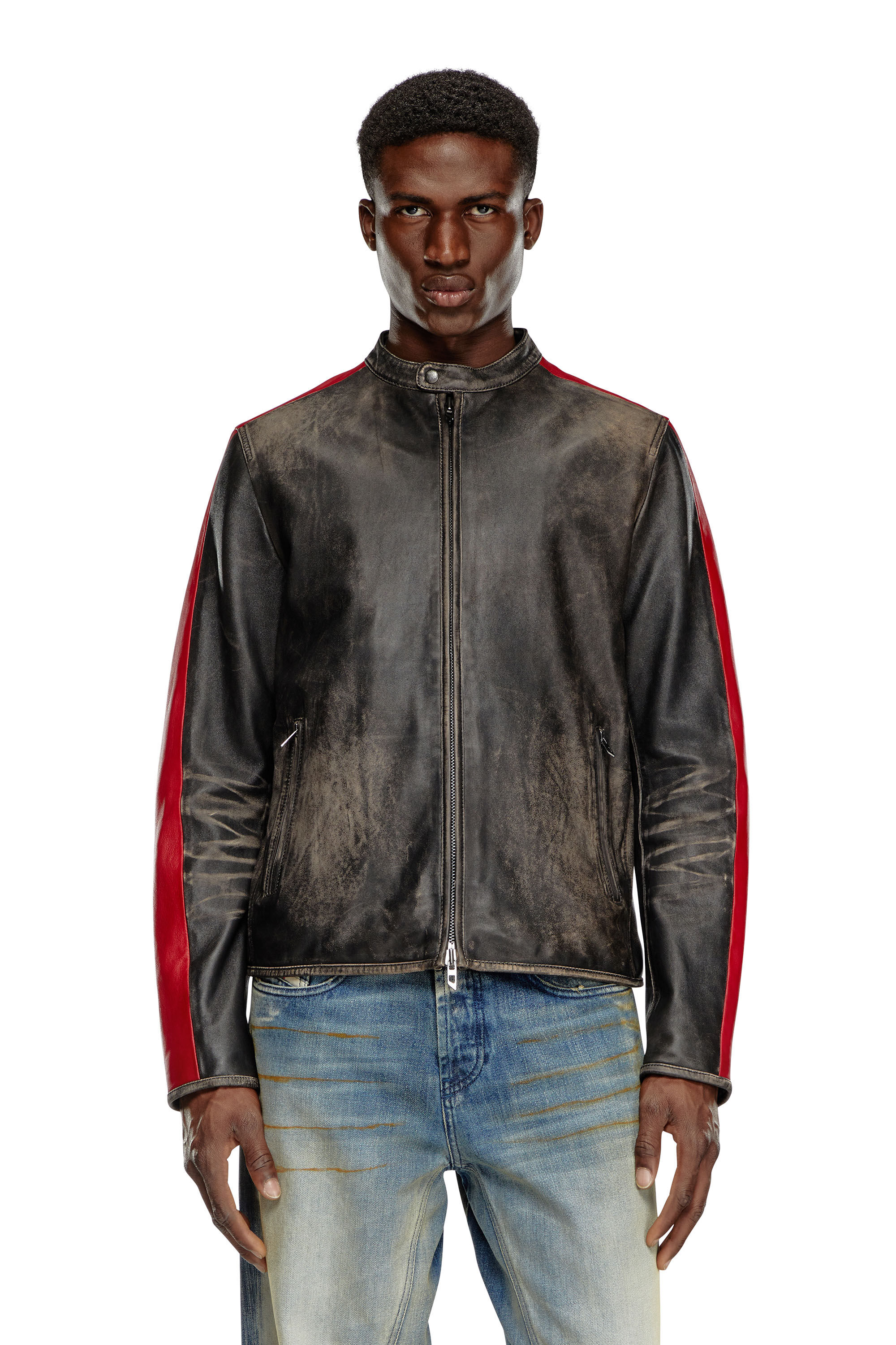 Men s Leather jacket with contrasting stripes Multicolor Diesel