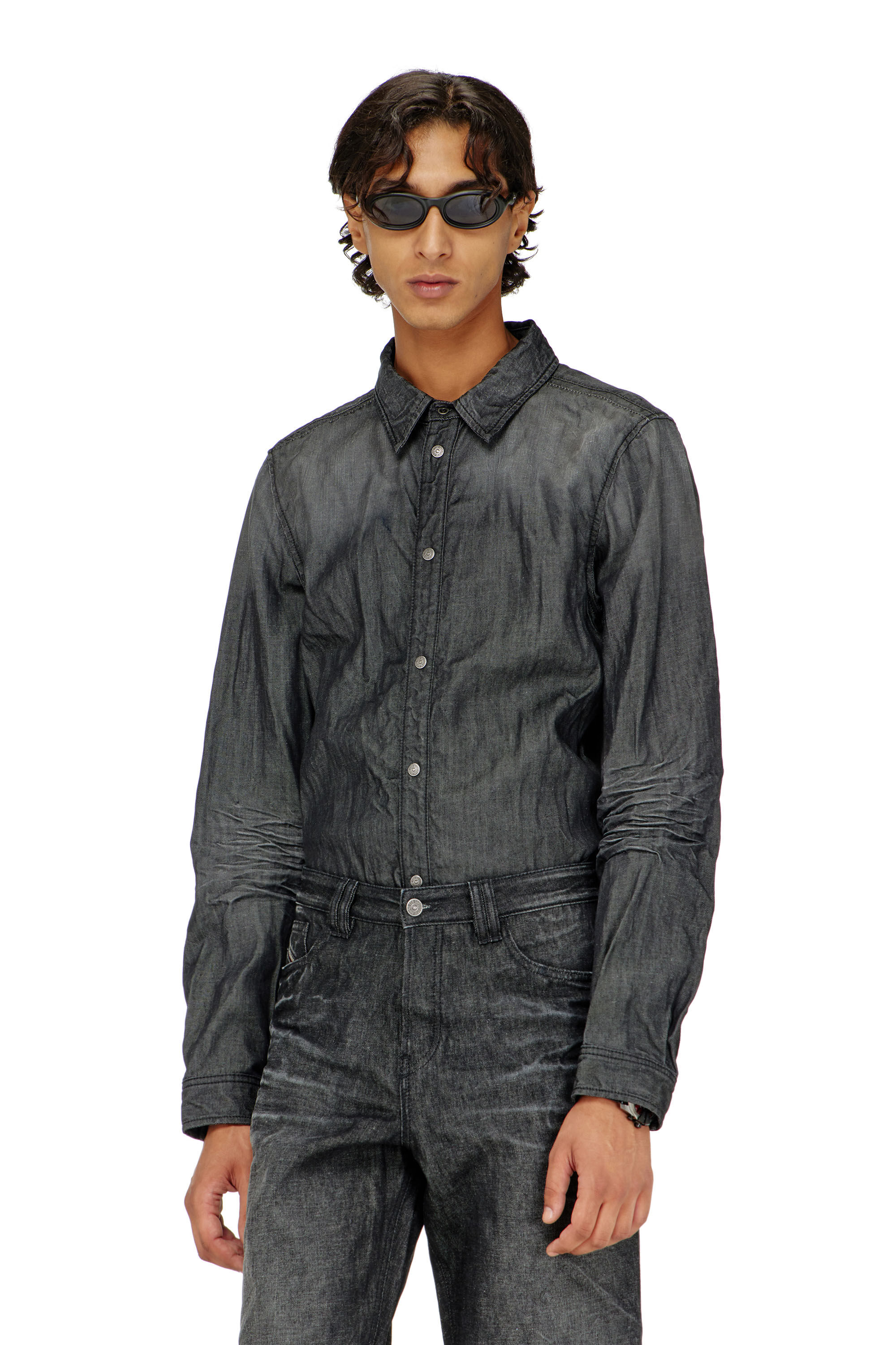 Diesel - D-SYNAR-FSJ2, Man's Shirt in creased denim in Black/Dark grey - 3