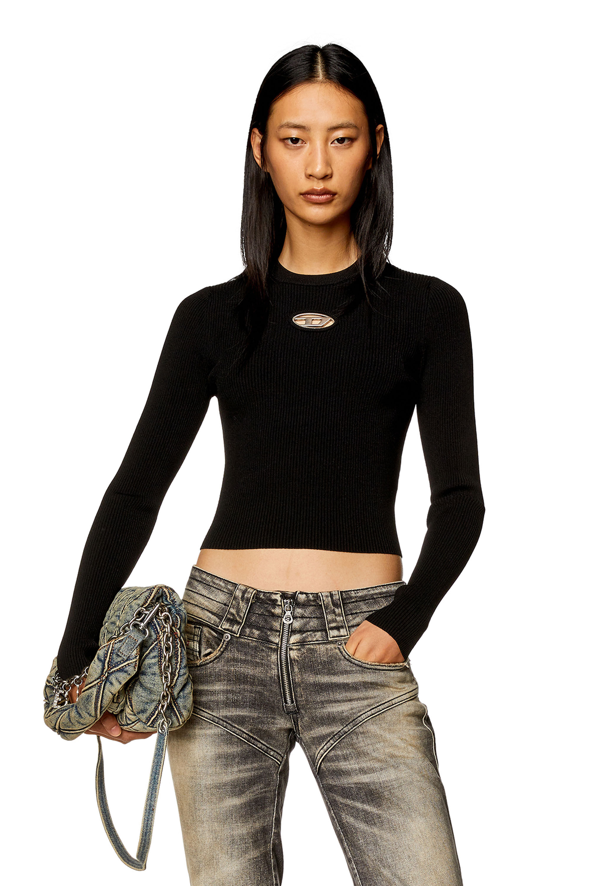 Women s Ribbed knit long sleeve top Black Diesel
