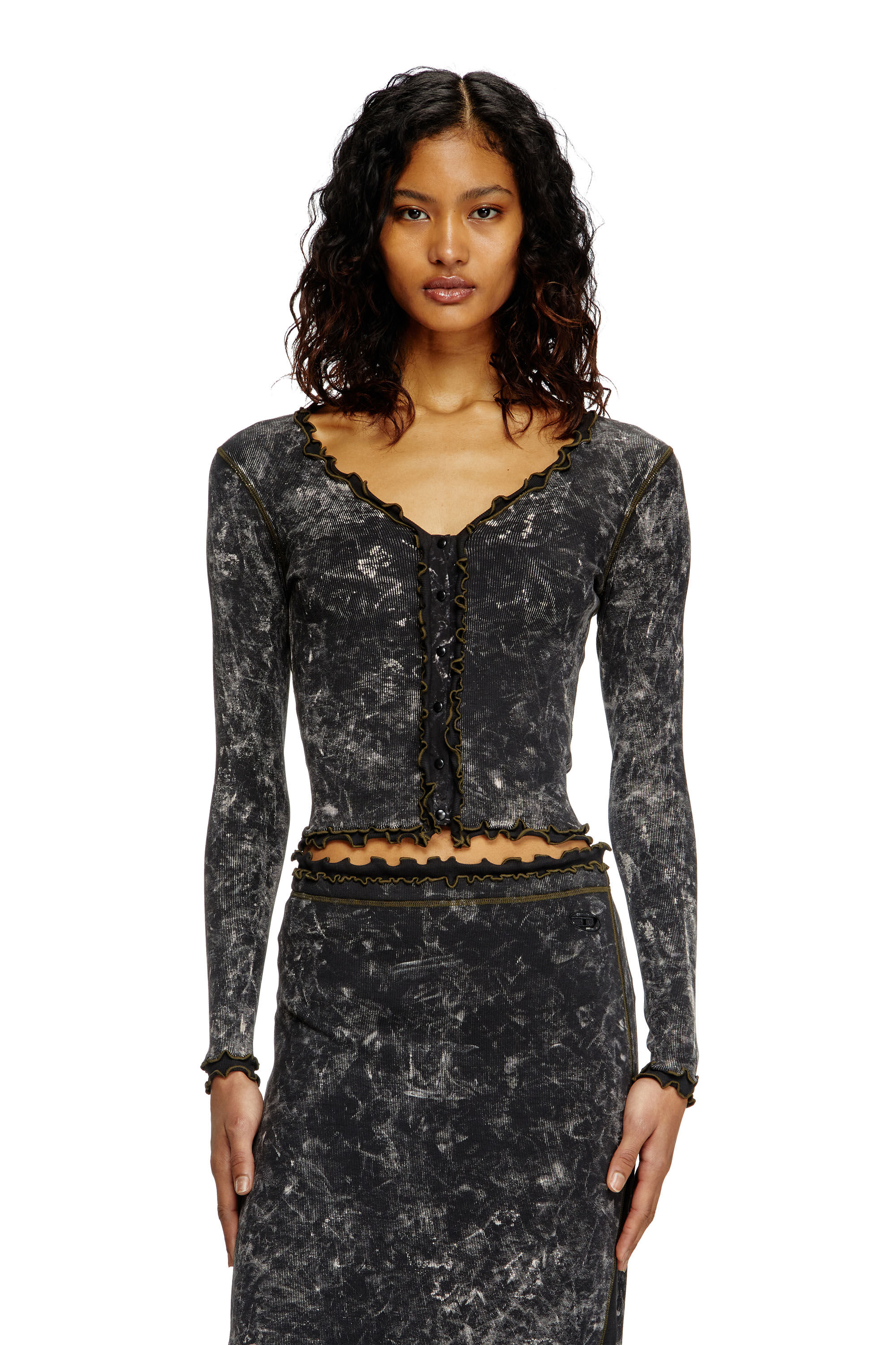 Diesel - T-FLUX, Woman's Marbled buttoned top with ruffles in Black - 3