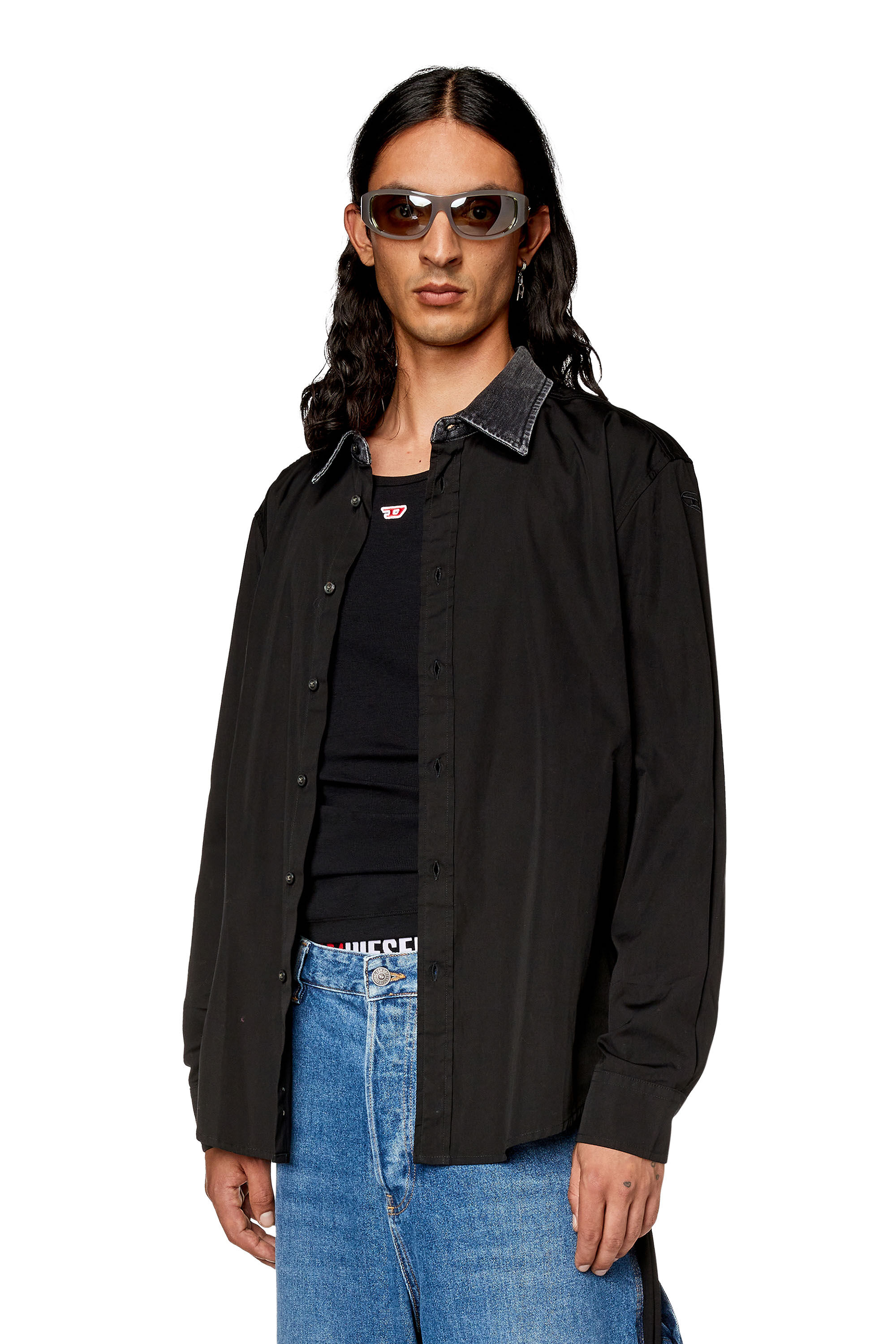 Men's Cotton shirt with denim collar | Black | Diesel