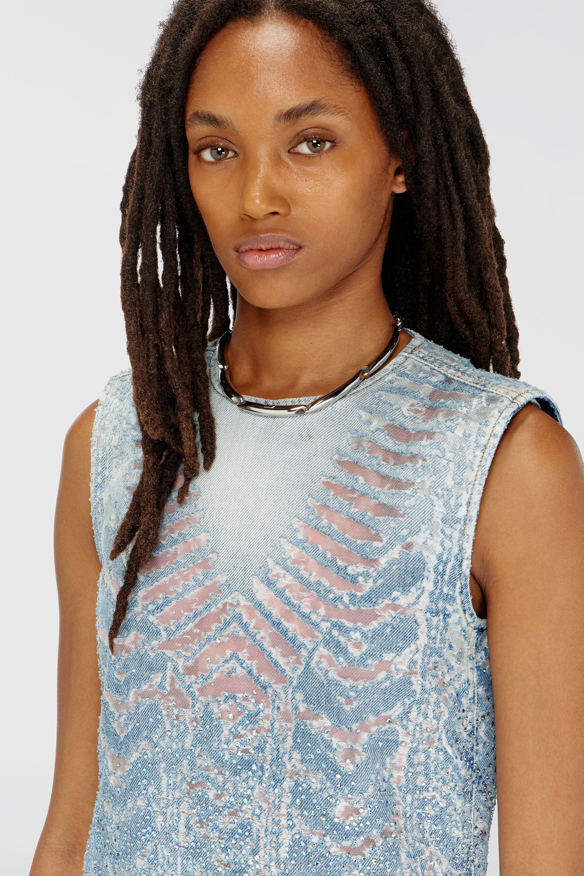Diesel - DE-MYRELA-S, Woman's Mini dress in microstone devor&eacute; denim in Light Blue - 5