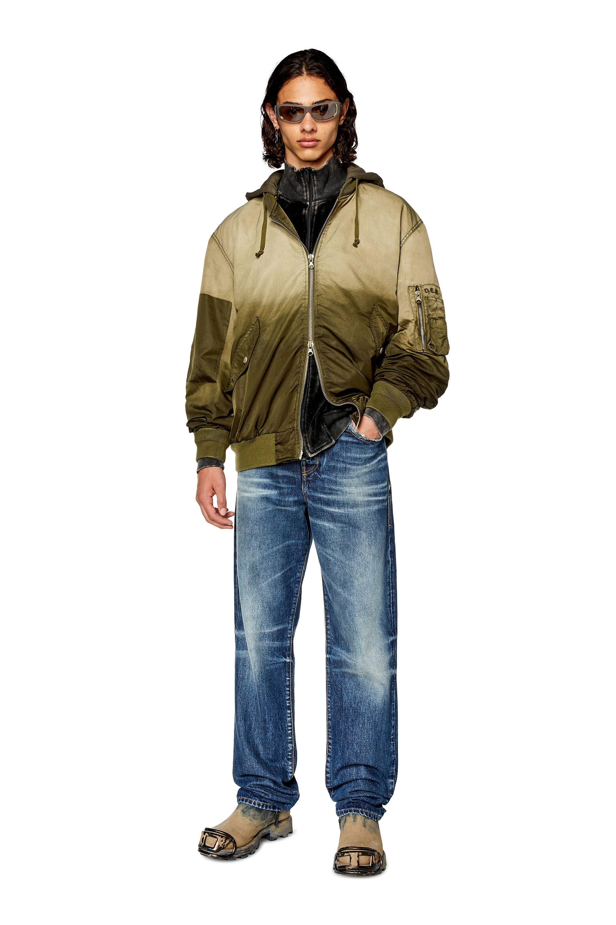 美品 DIESEL BLEACHED BOMBER JACKET インサレート Men's Hooded bomber in treated nylon satin | Brown | Diesel