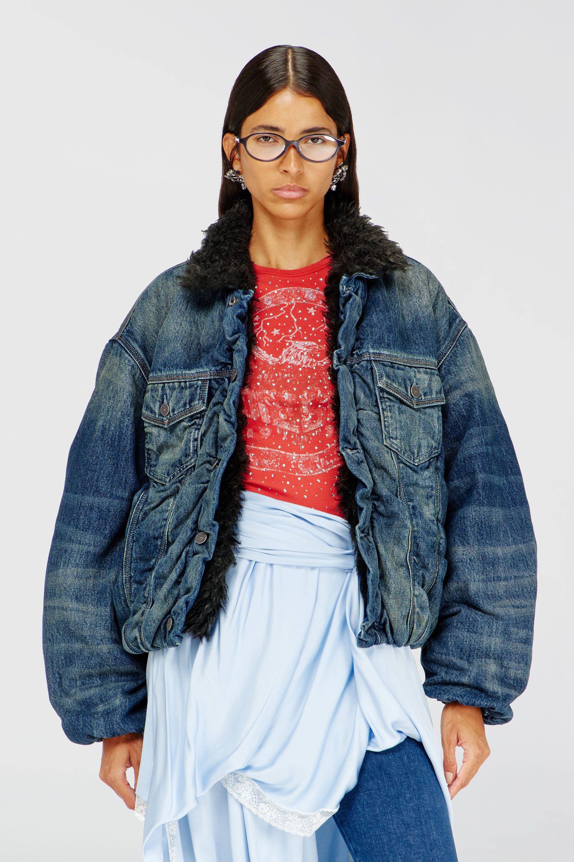 Diesel - D-CURLY-FSJ1, Unisex's Teddy-lined trucker jacket in denim in Dark Blue - 6